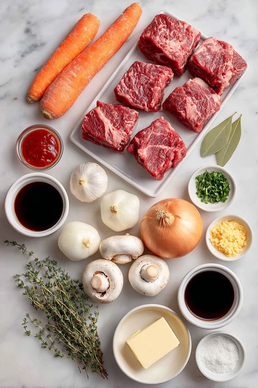 Flat lay of fresh chuck beef cubes, two large carrots cut on an angle, a cluster of pearl onions, a fresh bay leaf, three sprigs of thyme, small white ceramic bowls of red wine, olive oil, tomato paste, plain flour, and minced garlic, whole uncracked eggs with clean shells, halved button mushrooms, thick batons of bacon, a small slab of unsalted butter, a bowl of rich beef stock, and a small pile of chopped fresh parsley all arranged with perfect symmetry on a clean white marble surface, soft natural light, photo taken with an iPhone, professional food photography style, fresh ingredients, white ceramic bowls, no bottles, no duplicates, no utensils, no packaging --ar 2:3 --v 7 --p awthu7i m7354615311229779997 - Beef Bourguignon, Beef Burgundy, classic French stew, beef slow cooker recipe, French beef stew
