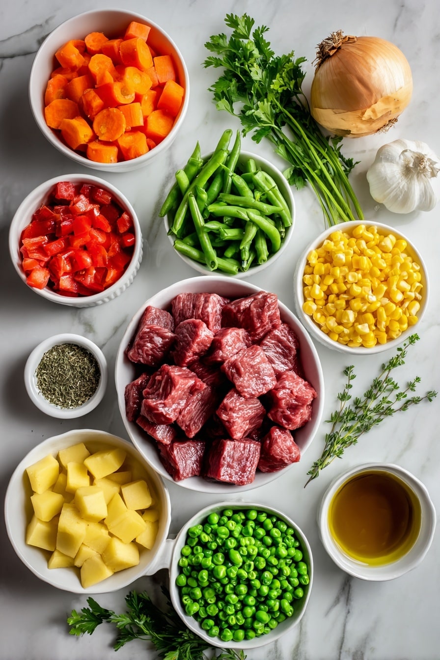 Flat lay of fresh chunks of raw beef stew meat, a small white bowl of golden olive oil, a whole large yellow onion peeled and chopped, peeled and chopped orange carrots, chopped pale green celery stalks, minced garlic cloves, a small white bowl filled with rich low-sodium beef broth, peeled and chopped red and yellow potato cubes, bright green chopped green beans, vibrant yellow frozen corn kernels, plump frozen green peas, a small white bowl holding bright red diced tomatoes, a small white bowl with dried basil leaves, a small white bowl with dried oregano, a small white bowl with dried thyme, fresh sprigs of bright green parsley, all arranged symmetrically and balanced on a clean white marble surface, soft natural light, photo taken with an iPhone, professional food photography style, fresh ingredients, white ceramic bowls, no bottles, no duplicates, no utensils, no packaging --ar 2:3 --v 7 --p awthu7i m7354615311229779997 - Vegetable Beef Soup, hearty vegetable beef soup, easy beef vegetable soup, wholesome beef soup, flavorful vegetable beef stew