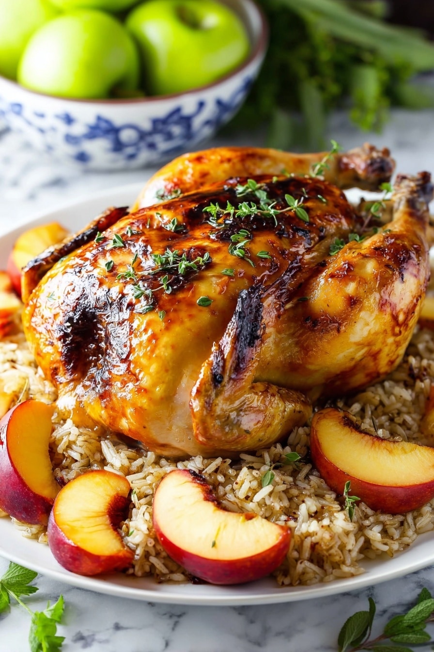A whole roasted chicken with a golden-brown, shiny skin and some dark charred spots lies in the center of a white plate. It is sprinkled with small green herb leaves on top. The chicken rests on a bed of light and dark mixed rice. Around the chicken, thick slices of cooked peaches with red skin and yellow flesh are placed in a circle. Inside the chicken, there are garlic cloves and sprigs of herbs visible. In the background, a bowl with bright green apples sits on a white marbled surface with some loose green leaves scattered around. Photo taken with an iphone --ar 2:3 --v 7 - Apple Cider Glazed Roasted Chicken, roasted chicken with apple cider glaze, juicy oven-roasted chicken recipe, flavorful roasted chicken, easy comfort food dinner