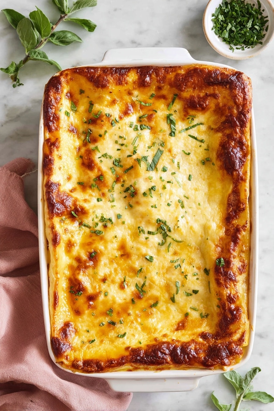 A white rectangular baking dish filled with a golden brown baked lasagna, showing a top layer of melted cheese that is slightly browned and bubbly around the edges, sprinkled with fresh green chopped herbs evenly over the cheese. The lasagna has clear layers of creamy cheese and pasta beneath the top baked cheese layer. The dish is set on a white marbled surface with green leafy herbs on the side and a pinkish cloth partially visible underneath. photo taken with an iphone --ar 2:3 --v 7 - Butternut Squash Lasagna, vegetarian butternut squash lasagna, healthy butternut squash lasagna, creamy squash lasagna, fall comfort food lasagna