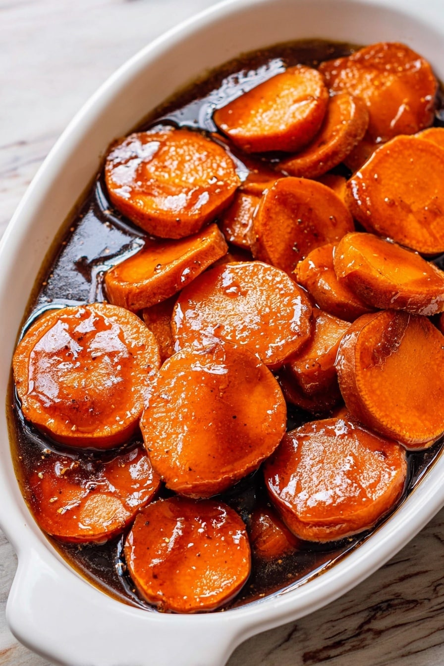 The image shows a close-up of a frying pan with twelve round, thick slices of sweet potato cooking in hot oil. Each slice has a shiny, smooth surface covered with tiny bubbles, giving a glossy and slightly wet look. The slices are arranged closely together, filling the pan, and their color is a rich, deep orange with darker edges where they meet the pan. The pan has a slightly worn metallic texture with some oil splatters around the sweet potatoes. The background is a white marbled texture. photo taken with an iphone --ar 2:3 --v 7 - Sweet Potatoes with Bourbon Glaze, bourbon glazed sweet potatoes, holiday side dish recipes, caramelized sweet potatoes, easy festive side dishes