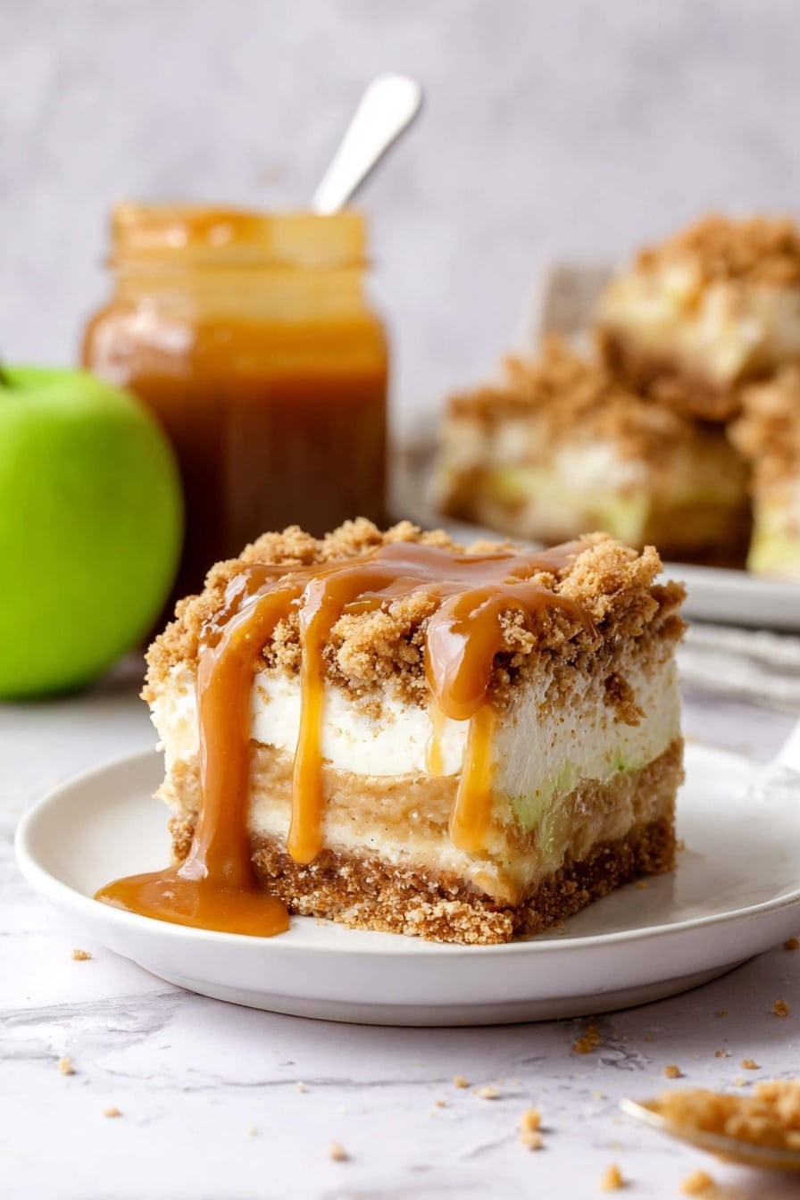 A square piece of layered dessert sits on a white plate, showing four visible layers: at the bottom is a golden brown crumbly crust, above it a thick white creamy layer, followed by a lighter brown layer with a textured look, and topped with a golden crumbly streusel layer. The top is drizzled with smooth caramel sauce that drips slightly on the plate. In the background, a jar filled with caramel and a spoon inside is visible, along with more pieces of the same dessert. A green apple sits to the left, all placed on a white marbled surface. Photo taken with an iphone --ar 2:3 --v 7 - Caramel Apple Cheesecake Bars, apple dessert bars, caramel cheesecake bars, fall dessert recipes, easy apple cheesecake bars