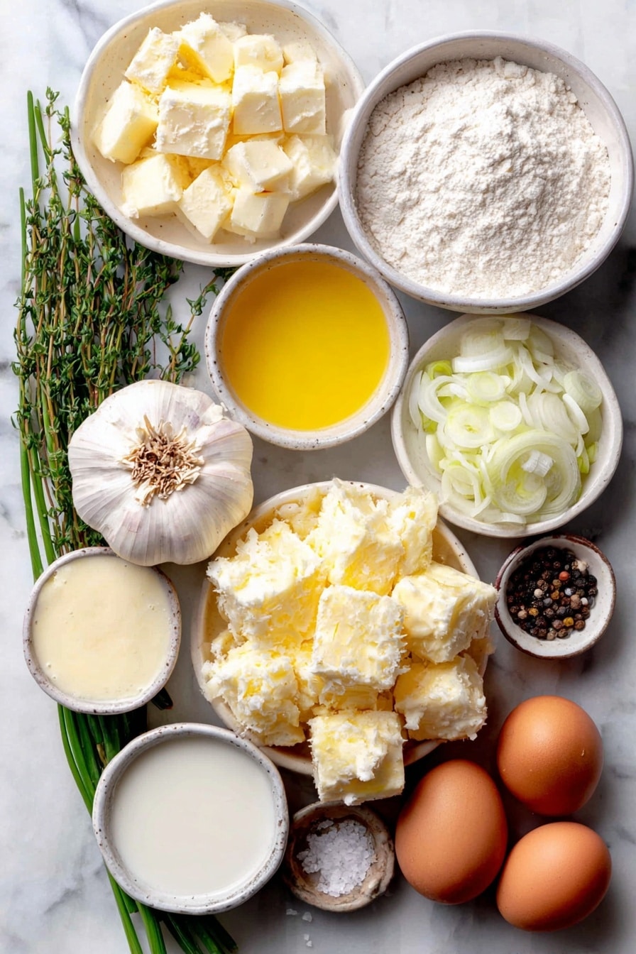 Flat lay of a whole head of garlic with the top sliced to expose cloves, a small white bowl of golden olive oil, peeled and cubed russet potatoes, several tablespoons of salted butter, a small pile of chopped white onions, thinly sliced whites and light greens of a leek, a small white bowl of flour, a white ceramic bowl filled with low sodium chicken broth, a small white bowl of whole milk, a small white bowl of heavy cream, a few fresh thyme sprigs, a small pile of freshly grated parmesan cheese, two whole uncracked brown eggs, fresh black peppercorns and coarse salt crystals scattered delicately, and a small bunch of bright green chopped chives, all arranged symmetrically on a clean white marble surface, soft natural light, photo taken with an iPhone, professional food photography style, fresh ingredients, white ceramic bowls, no bottles, no duplicates, no utensils, no packaging --ar 2:3 --v 7 --p awthu7i m7354615311229779997 - Creamy Roasted Garlic Potato Soup, roasted garlic potato soup, comforting potato soup, easy creamy soup recipes, garlic potato soup