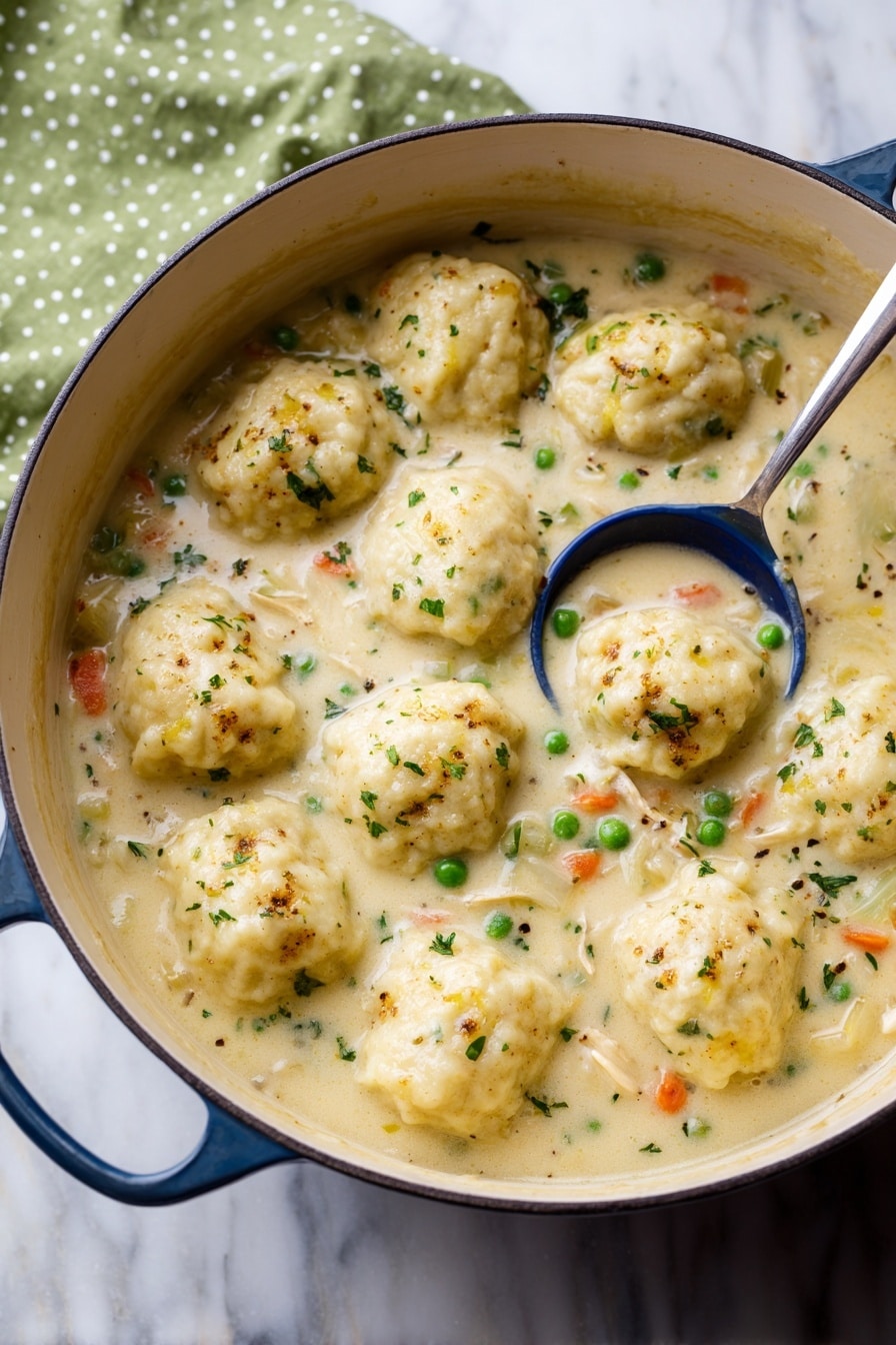 A white bowl filled with thick chicken and dumpling soup, showing chunks of light beige chicken, soft dumplings with a pale dough color, and bright orange carrot slices in a creamy broth speckled with green herbs and black pepper. The bowl sits on a white marbled surface next to a wooden spoon on the right and a green cloth with white dashed lines on the left. In the background, there are clear salt and pepper shakers with silver caps. Photo taken with an iphone --ar 2:3 --v 7 - Hearty Chicken and Dumplings, Chicken and Dumplings recipe, comforting chicken stew, easy chicken and dumplings, homemade chicken and dumplings
