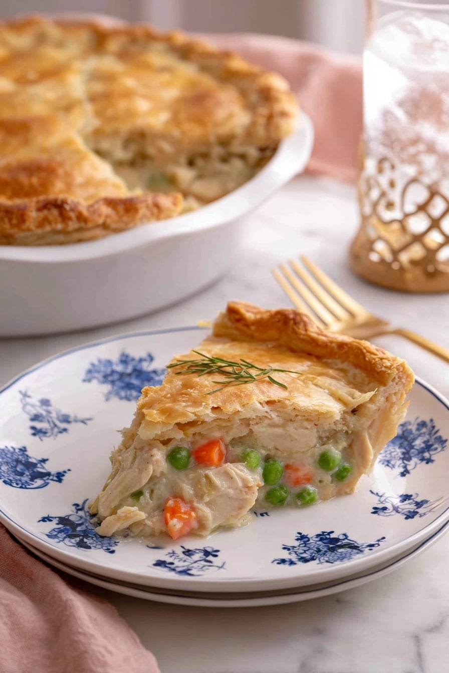 A slice of golden brown pie with a flaky, crisp crust sits on a white plate decorated with colorful butterflies and a gold rim, showing a creamy filling with visible green peas and orange carrot pieces inside. Behind the slice, the full pie in a white dish displays a thick, textured crust with a piece taken out, exposing the same vegetable and creamy filling. The scene includes a gold fork resting on a soft pink cloth and a clear glass of water on a white marbled surface. photo taken with an iphone --ar 2:3 --v 7 - Easy Chicken Pot Pie, chicken pot pie recipe, homemade chicken pot pie, comforting chicken pie, flaky chicken pie