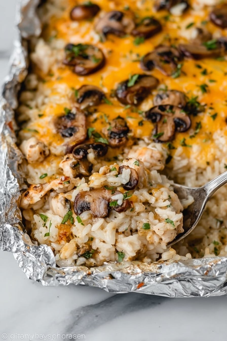 The image shows a close-up view of a baked casserole dish lined with foil, filled with a creamy rice mixture. The dish has three main layers: the bottom layer is soft, white rice mixed with small pieces of cooked chicken; the middle layer is a mix of melted yellow cheese and creamy sauce, creating a smooth texture; and the top layer is scattered with sautéed brown mushroom slices and small bits of green herbs. A spoon is partially scooping out a portion from the right side, revealing the mixed layers, and the casserole sits on a white marbled surface. photo taken with an iphone --ar 2:3 --v 7 - Creamy Chicken Wild Rice Casserole, Chicken Wild Rice Bake, hearty chicken casserole, comforting wild rice dish, cheesy chicken rice recipe