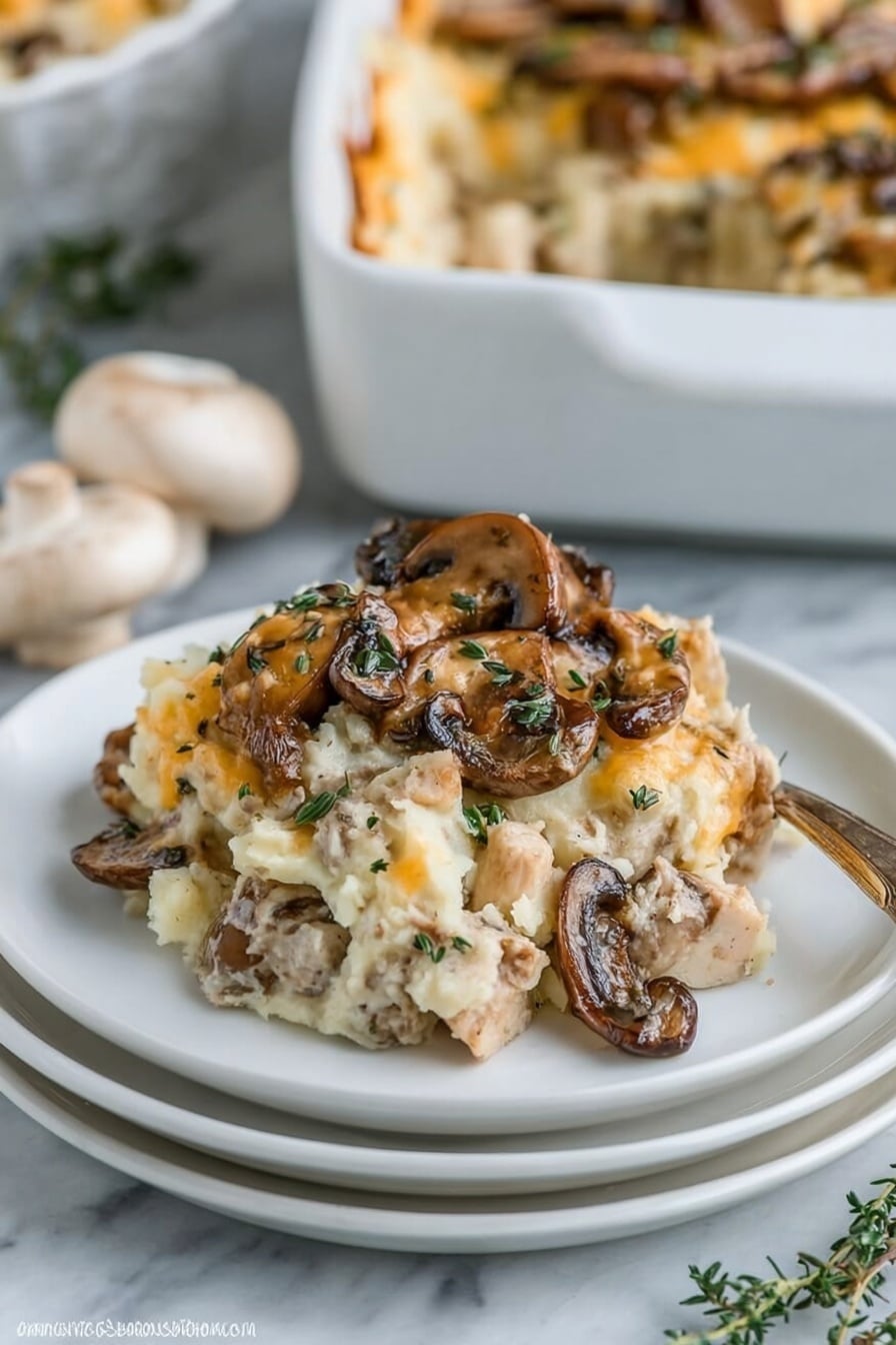 The dish is a creamy mushroom casserole served in a small white bowl placed on top of a white plate with another white plate underneath. The casserole has layers of soft beige mashed potatoes mixed with browned mushroom slices, light brown cooked chicken chunks, and melted pale yellow cheese. The top layer is garnished with sautéed, slightly crispy brown mushrooms and green herbs. The background is a white marbled surface with a whole small white mushroom and thyme sprigs to the left. In the background, a white baking dish filled with more casserole is partially visible. Photo taken with an iphone --ar 2:3 --v 7 - Creamy Chicken Wild Rice Casserole, Chicken Wild Rice Bake, hearty chicken casserole, comforting wild rice dish, cheesy chicken rice recipe