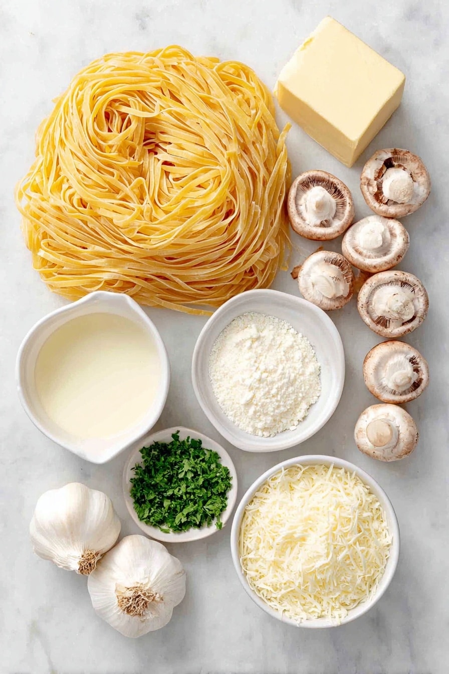Flat lay of fresh linguine pasta nest, a small pat of unsalted butter, a few sliced white and cremini mushrooms arranged naturally, two whole uncracked garlic cloves, a small white ceramic bowl of dry white wine, a small white ceramic bowl of chicken broth, a small white ceramic bowl of heavy cream, a small white ceramic bowl of finely grated parmesan cheese, a few sprigs of roughly chopped fresh parsley, a small white ceramic bowl with mixed salt and pepper, placed on a clean white marble surface, soft natural light, photo taken with an iPhone, professional food photography style, fresh ingredients, white ceramic bowls, no bottles, no duplicates, no utensils, no packaging --ar 2:3 --v 7 --p awthu7i m7354615311229779997 - Creamy Mushroom Pasta, easy mushroom pasta, quick mushroom pasta dinner, homemade mushroom pasta, comfort food mushroom pasta