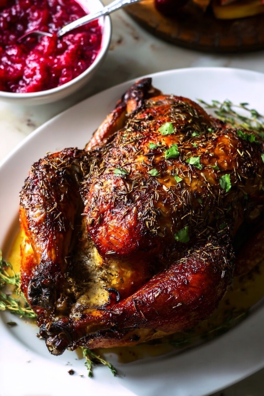 A whole roasted chicken sits on a large white oval plate on a white marbled surface. The chicken has a dark golden-brown skin, covered with herbs and spices that add texture and color, with some green parsley leaves sprinkled on top. The drumsticks and wings are visible and slightly charred at the edges. In the background, there is a white bowl filled with bright red cranberry sauce that has a chunky texture and a spoon resting inside. The overall scene is warm and rich in colors, highlighting the contrast between the dark brown chicken and the red cranberry sauce photo taken with an iphone --ar 2:3 --v 7 - Perfect Roast Turkey, Roast Turkey Recipe, Juicy Roast Turkey, Crispy Skin Turkey, Thanksgiving Turkey