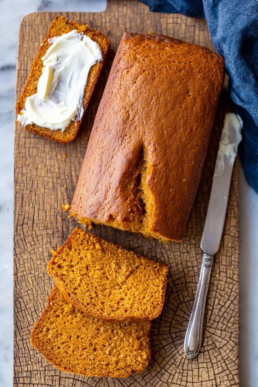 A loaf of orange-brown bread with a smooth top and cracks runs down the center, placed on a wooden cutting board with a cracked pattern. One slice is separated from the loaf and spread unevenly with white creamy butter on the upper left side, showing the moist and crumbly texture of the bread inside. Two more slices are stacked at the bottom right of the board. A silver butter knife with some white cream on the blade rests next to the loaf on the right side, and a corner of a blue cloth is visible on the left. The scene is set on a white marbled surface. Photo taken with an iphone --ar 2:3 --v 7 - Pumpkin Bread, Easy Pumpkin Bread, Fall Baking Recipes, Moist Pumpkin Bread, Spiced Pumpkin Bread
