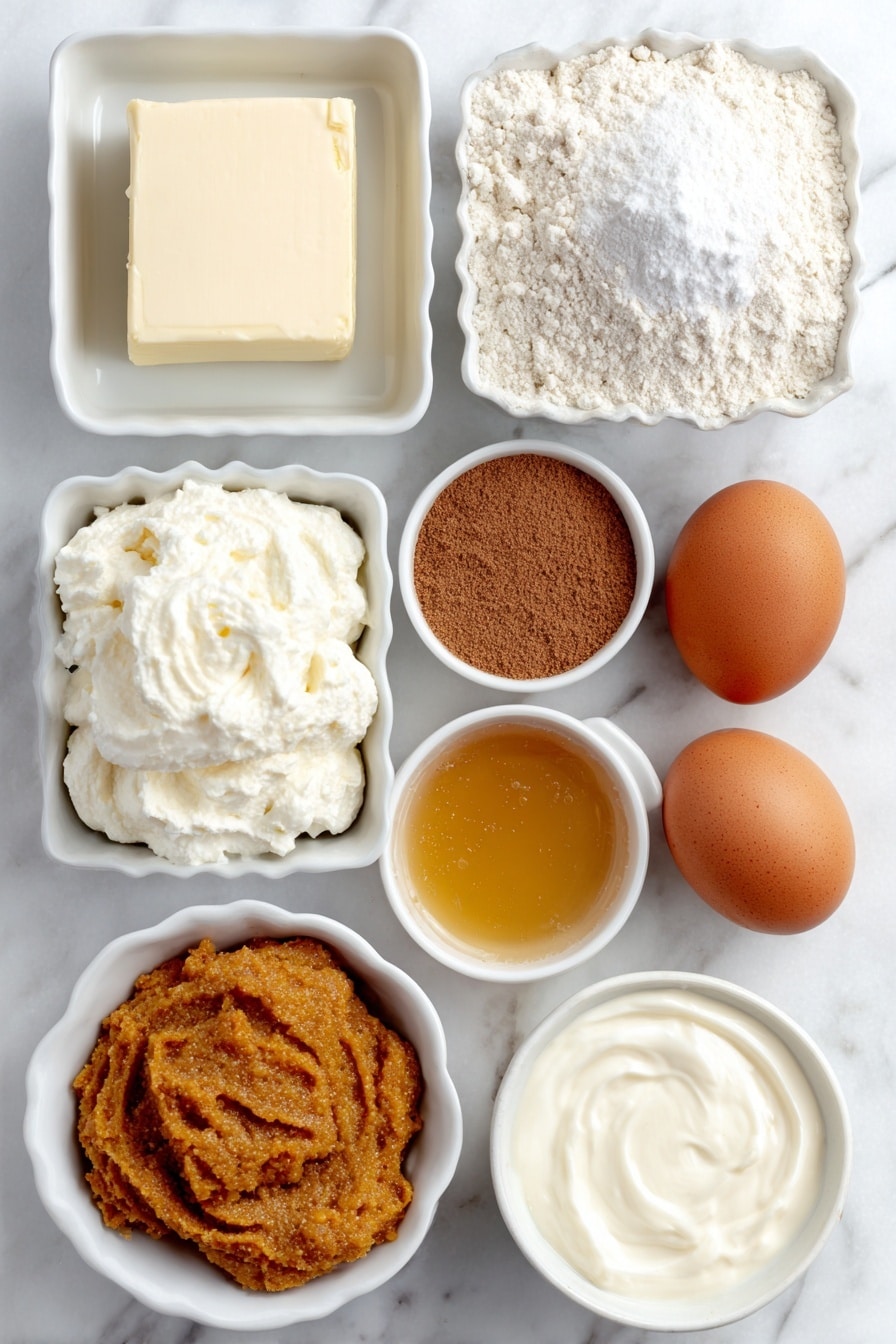 Flat lay of a small mound of all purpose flour, a small pile of baking powder, a tiny pinch of kosher salt, a square of softened unsalted butter, a small heap of brown sugar, a dollop of vibrant orange pumpkin puree, a generous scoop of whipped cream cheese, a small white bowl of golden honey, a small white bowl with ground cinnamon powder, a small white bowl filled with powdered sugar, a small white bowl containing creamy milk, and two whole uncracked brown eggs, all arranged symmetrically on a simple white ceramic surface, placed on a clean white marble surface, soft natural light, photo taken with an iPhone, professional food photography style, fresh ingredients, white ceramic bowls, no bottles, no duplicates, no utensils, no packaging --ar 2:3 --v 7 --p awthu7i m7354615311229779997 - Quick Pumpkin Cinnamon Rolls, pumpkin cinnamon rolls, fall cinnamon roll ideas, easy pumpkin breakfast, no-yeast cinnamon rolls