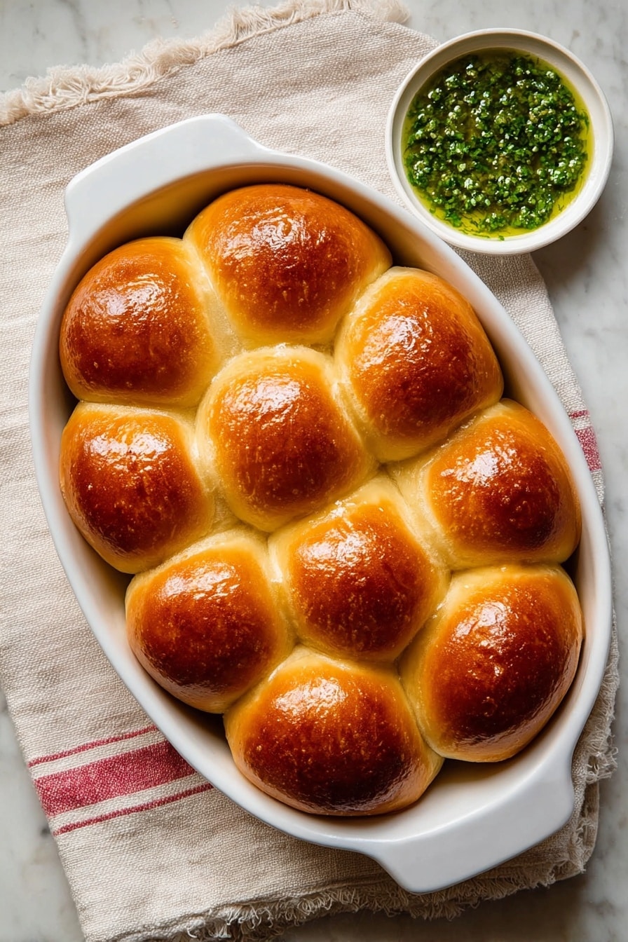 A white oval dish holds fifteen golden brown bread rolls arranged tightly in three layers: the bottom layer covered by the two upper layers, the middle layer with five rolls, and the top layer with five rolls, all with shiny, smooth, and slightly cracked tops showing a soft texture. To the top right of the dish, there is a small white bowl with a green herb sauce that looks fresh and slightly chunky. The dish rests on a light beige cloth with red stripes on a white marbled surface. Photo taken with an iphone --ar 2:3 --v 7 - Garlic Butter Dinner Rolls, easy dinner roll recipe, soft homemade dinner rolls, garlic bread rolls, fluffy buttery dinner rolls