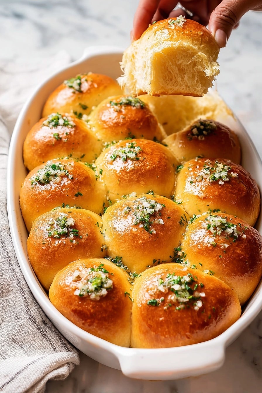 The image shows a white oval dish filled with 15 soft, golden-brown dinner rolls, arranged in three rows with five rolls each. The rolls have a shiny, slightly glossy surface, topped with small bits of chopped green herbs and tiny white salt crystals. A woman's hand is pulling apart one roll from the top right corner, revealing its fluffy, light interior. The dish is set on a white marbled surface with a folded cloth napkin beneath it on the left side. photo taken with an iphone --ar 2:3 --v 7 - Garlic Butter Dinner Rolls, easy dinner roll recipe, soft homemade dinner rolls, garlic bread rolls, fluffy buttery dinner rolls