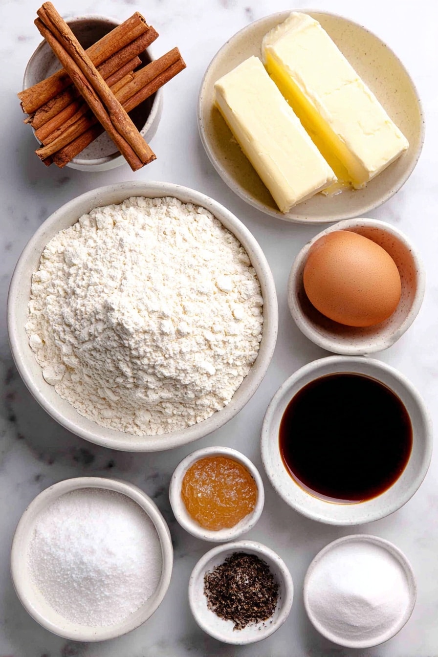 Flat lay of a small mound of unbleached all-purpose flour in a simple white ceramic bowl, a few rustic sticks of cinnamon arranged beside a small white bowl filled with golden molasses, a small white bowl of light brown sugar with a soft, fluffy texture, a smooth slab of unsalted butter at room temperature, a single large whole egg with a clean shell, a small white bowl containing fine ground ginger powder, a tiny white bowl of ground cloves, a small white bowl with fine sea salt, and a small white bowl holding baking soda, all ingredients fresh and natural, perfectly balanced and symmetrically arranged in a professional flat lay style, placed on a clean white marble surface, soft natural light, photo taken with an iPhone, professional food photography style, fresh ingredients, white ceramic bowls, no bottles, no duplicates, no utensils, no packaging --ar 2:3 --v 7 --p awthu7i m7354615311229779997 - Homemade Gingerbread Cookies, gingerbread cookies recipe, festive spice cookies, holiday cookie ideas, easy gingerbread cookies