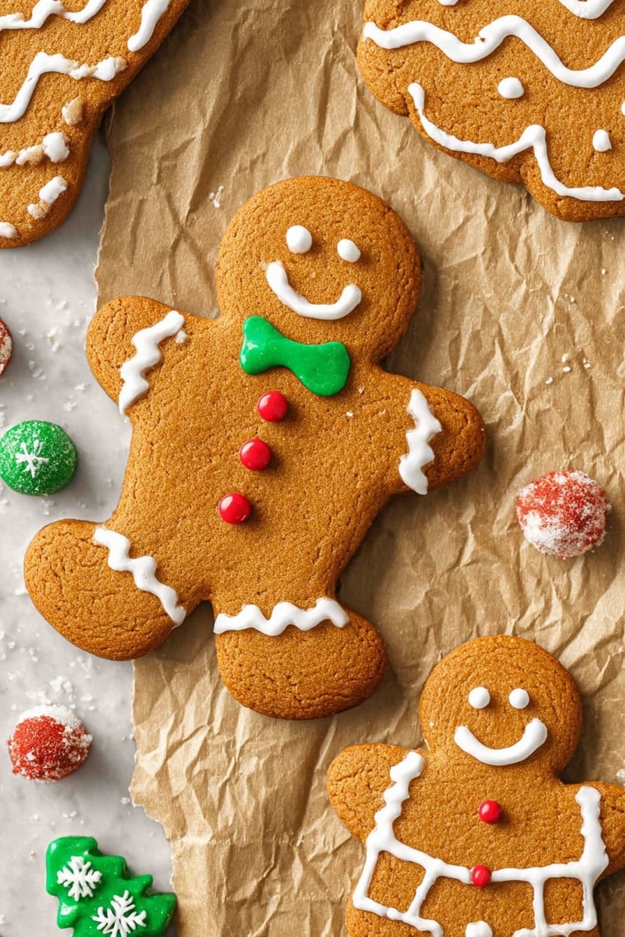 The image shows four gingerbread cookies on crumpled brown paper over a white marbled surface. The largest gingerbread cookie is in the center, shaped like a person with white icing outlining the body, two red round candies as buttons, two white dots for eyes, a curved white icing smile, and a green bow tie made of icing and a green candy. To the right, a smaller gingerbread man with white icing suspenders and shorts, two red round candy buttons, and a smiley face made with white icing. At the top right corner, part of another gingerbread cookie has white zigzag icing, while the top left shows a bigger cookie with white icing zigzag and borders. Scattered around are small candy decorations in green, red, and white shaped like snowflakes, Christmas trees, and candy canes. Photo taken with an iphone --ar 2:3 --v 7 - Homemade Gingerbread Cookies, gingerbread cookies recipe, festive spice cookies, holiday cookie ideas, easy gingerbread cookies