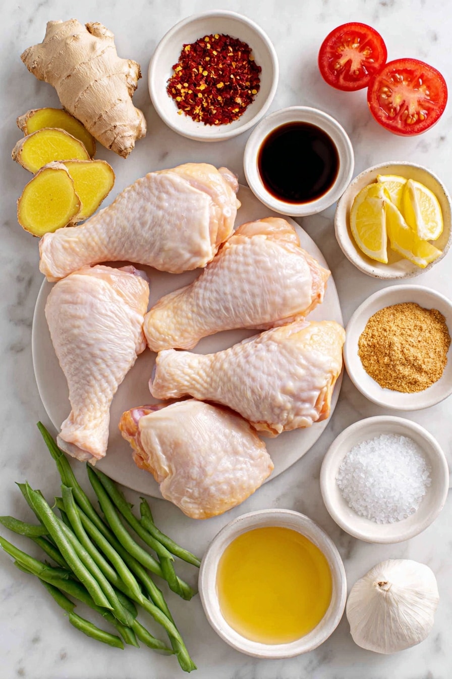 Flat lay of four raw chicken leg quarters with smooth skin, fresh whole ginger root and eight thin slices of bright yellow ginger, small white ceramic bowls containing golden honey, dark brown soy sauce, vibrant red chili flakes, pale yellow lemon juice, and separate piles of coarse white salt, light brown sugar, ground ginger powder, and garlic powder, a small heap of fresh mixed vegetables including green beans, a sliced red bell pepper, a halved small red onion, and a ripe red tomato wedge, all ingredients arranged symmetrically in perfect proportions on a clean white marble surface, soft natural light, photo taken with an iPhone, professional food photography style, fresh ingredients, white ceramic bowls, no bottles, no duplicates, no utensils, no packaging --ar 2:3 --v 7 --p awthu7i m7354615311229779997 - Honey Soy Glazed Chicken in Foil, honey soy chicken, foil baked chicken, easy chicken dinner, juicy baked chicken