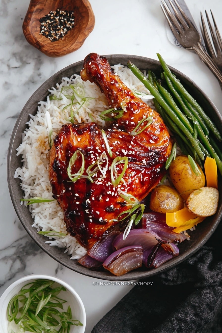 A white bowl is filled with a base layer of white rice, topped by a large grilled chicken leg coated in shiny reddish-brown sauce and sprinkled with white sesame seeds. Around the chicken leg on the rice are thin, light green onion curls. On the right side of the bowl, there are some green beans, two small light yellow potatoes, and a yellow pepper slice. At the bottom right, under the chicken, are sautéed purple onion rings. The bowl sits on a white marbled surface with a fork and dark cloth to the right, and a small white bowl of sliced green onions below. Photo taken with an iphone --ar 2:3 --v 7 - Honey Soy Glazed Chicken in Foil, honey soy chicken, foil baked chicken, easy chicken dinner, juicy baked chicken