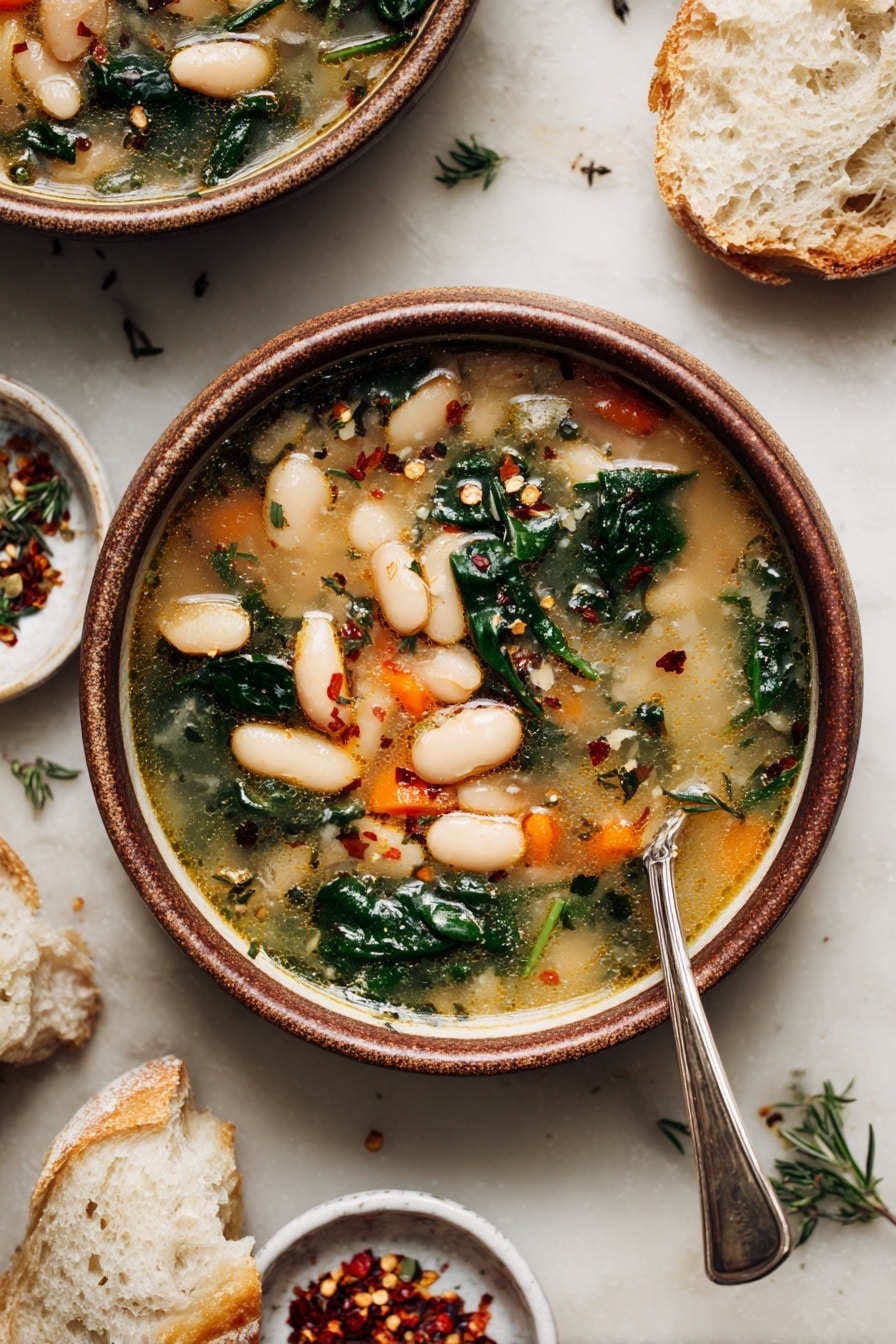 The image shows a bowl filled with a light brown broth soup containing several white beans scattered throughout. There are dark green spinach leaves and small carrot slices floating on top, with some black pepper and red chili flakes sprinkled over the surface. The soup looks warm with some oil droplets shining on the broth. The bowl is a brown ceramic one, placed on a white marbled surface with a silver spoon beside it. Around the bowl, there are pieces of crusty cream-colored bread and scattered herbs. A partial view of another bowl with the same soup and a small white dish with red chili flakes are also visible nearby. Photo taken with an iphone --ar 2:3 --v 7 - Creamy Tuscan White Bean Soup, easy Tuscan bean soup, hearty white bean soup, vegan Tuscan soup, healthy white bean recipes