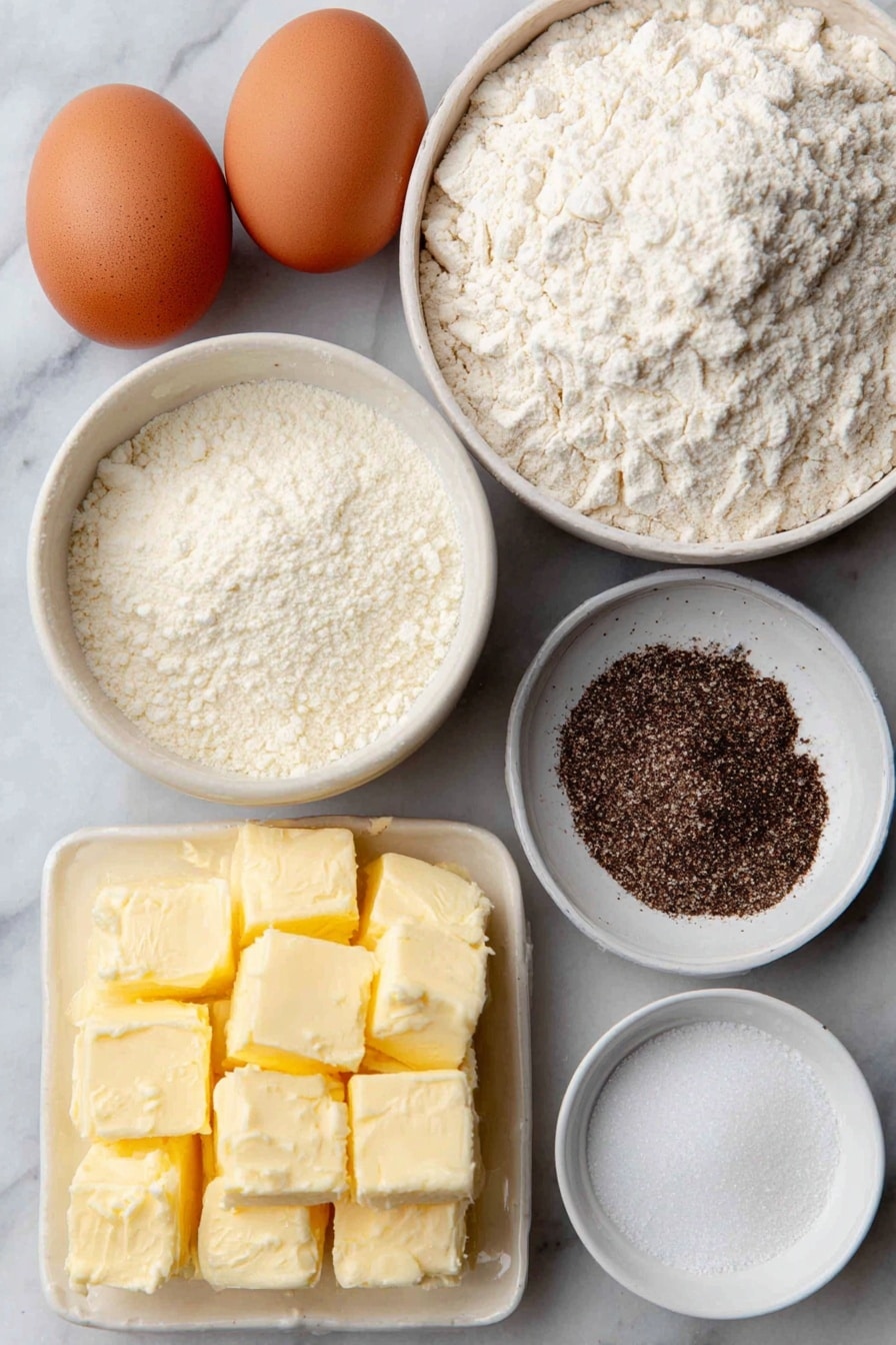 Flat lay of two whole uncracked eggs with clean shells, a small white ceramic bowl of pale yellow unsalted butter cubes, a small white ceramic bowl of plain all-purpose flour, a small white ceramic bowl of finely ground black pepper, a small white ceramic bowl of onion powder, two chicken and beef stock cubes side by side, and a small white ceramic bowl of clear boiling water, placed on a clean white marble surface, soft natural light, photo taken with an iPhone, professional food photography style, fresh ingredients, white ceramic bowls, no bottles, no duplicates, no utensils, no packaging --ar 2:3 --v 7 --p awthu7i m7354615311229779997 - KFC-Style Homemade Gravy, quick homemade gravy, easy gravy recipe, homemade gravy tips, rich flavorful gravy