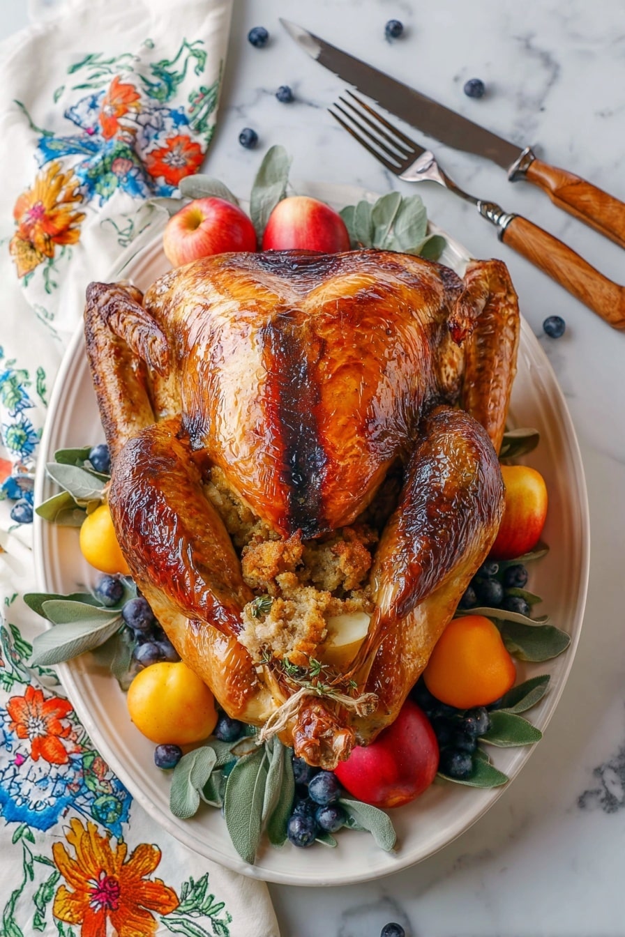 A whole roasted turkey with shiny, deep golden brown skin is placed on a white oval plate. The turkey's skin shows some darker, richer brown areas on the wings and top, with the legs tied together at the front. Inside the turkey is visible stuffing made of light brown ingredients and small herbs. Around the turkey on the plate are bright red apples, small apricot yellow fruits, and a bunch of plump, dark blueberries mixed with green eucalyptus leaves. The plate sits on a white marbled surface, and beside it are a wooden-handled fork and a black-handled knife. A white towel with colorful floral designs in blue, orange, and yellow is partly shown behind the plate. photo taken with an iphone --ar 2:3 --v 7 - Maple Glazed Turkey Roast, turkey roast with maple glaze, easy holiday turkey recipe, juicy turkey roast, flavorful turkey dinner