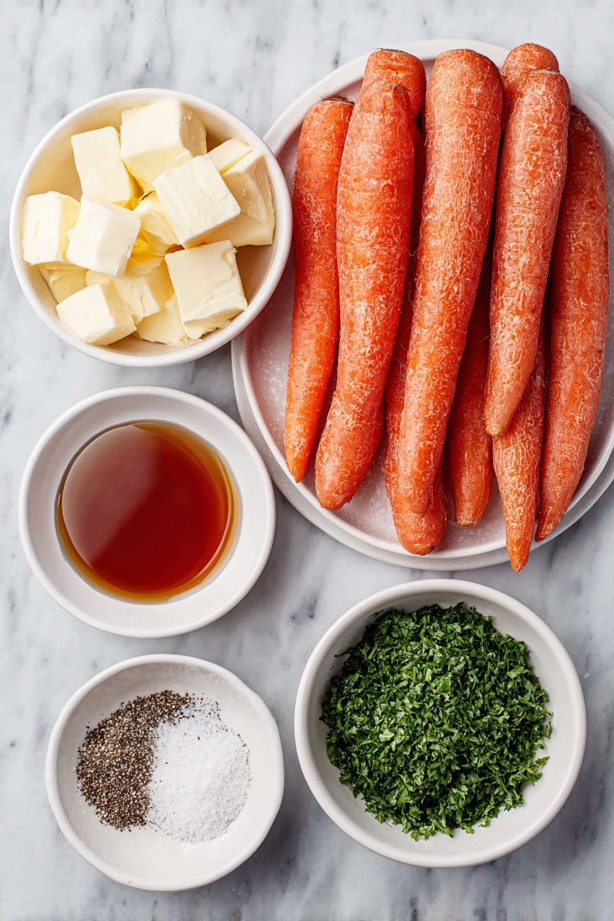 Flat lay of fresh medium carrots whole and cut into thinner strips, small cubes of creamy butter, a small white bowl of pure amber maple syrup, a small white bowl of coarse kosher salt crystals, a small white bowl of freshly ground black pepper, and a small white bowl filled with minced bright green parsley, all arranged symmetrically on a simple white ceramic plate and bowls, placed on a clean white marble surface, soft natural light, photo taken with an iPhone, professional food photography style, fresh ingredients, white ceramic bowls, no bottles, no duplicates, no utensils, no packaging --ar 2:3 --v 7 --p awthu7i m7354615311229779997 - Maple Roasted Carrots, sweet roasted carrots, easy vegetable side dish, healthy carrot recipes, fall vegetable sides