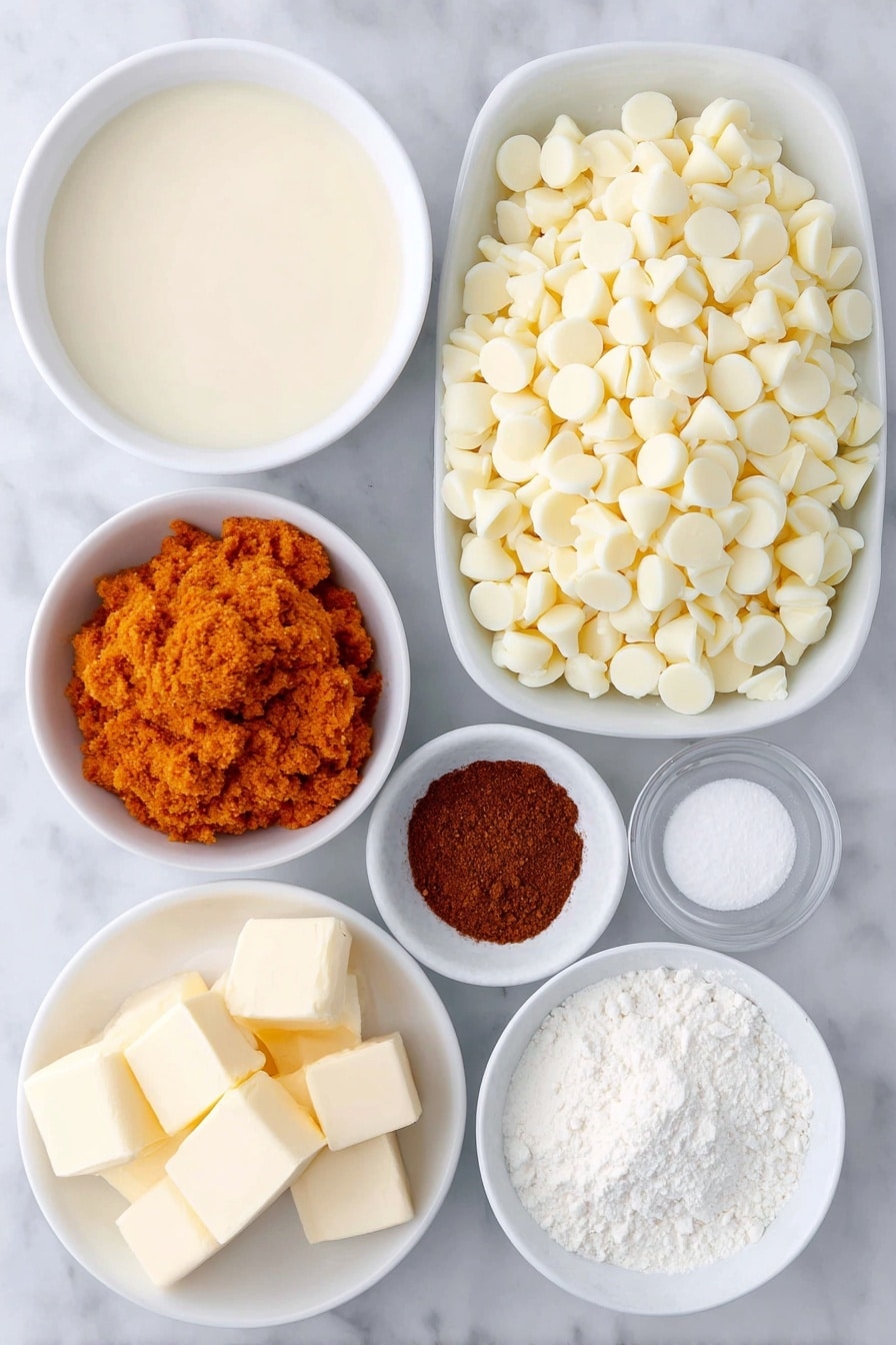 Flat lay of premium white chocolate chips in a small heap, a small white ceramic bowl filled with thick sweetened condensed milk, a few cubes of unsalted butter, a small white bowl with vibrant orange pumpkin puree, a tiny white bowl containing warm brown pumpkin pie spice powder, a small white bowl with fine white cornstarch, a small white bowl holding clear vanilla extract liquid, a small white bowl of smooth white chocolate melting wafers, all arranged symmetrically on a clean white marble surface, soft natural light, photo taken with an iPhone, professional food photography style, fresh ingredients, white ceramic bowls, no bottles, no duplicates, no utensils, no packaging --ar 2:3 --v 7 --p awthu7i m7354615311229779997 - Pumpkin White Chocolate Fudge, fall pumpkin fudge, easy pumpkin fudge recipe, no-bake pumpkin fudge, holiday pumpkin fudge