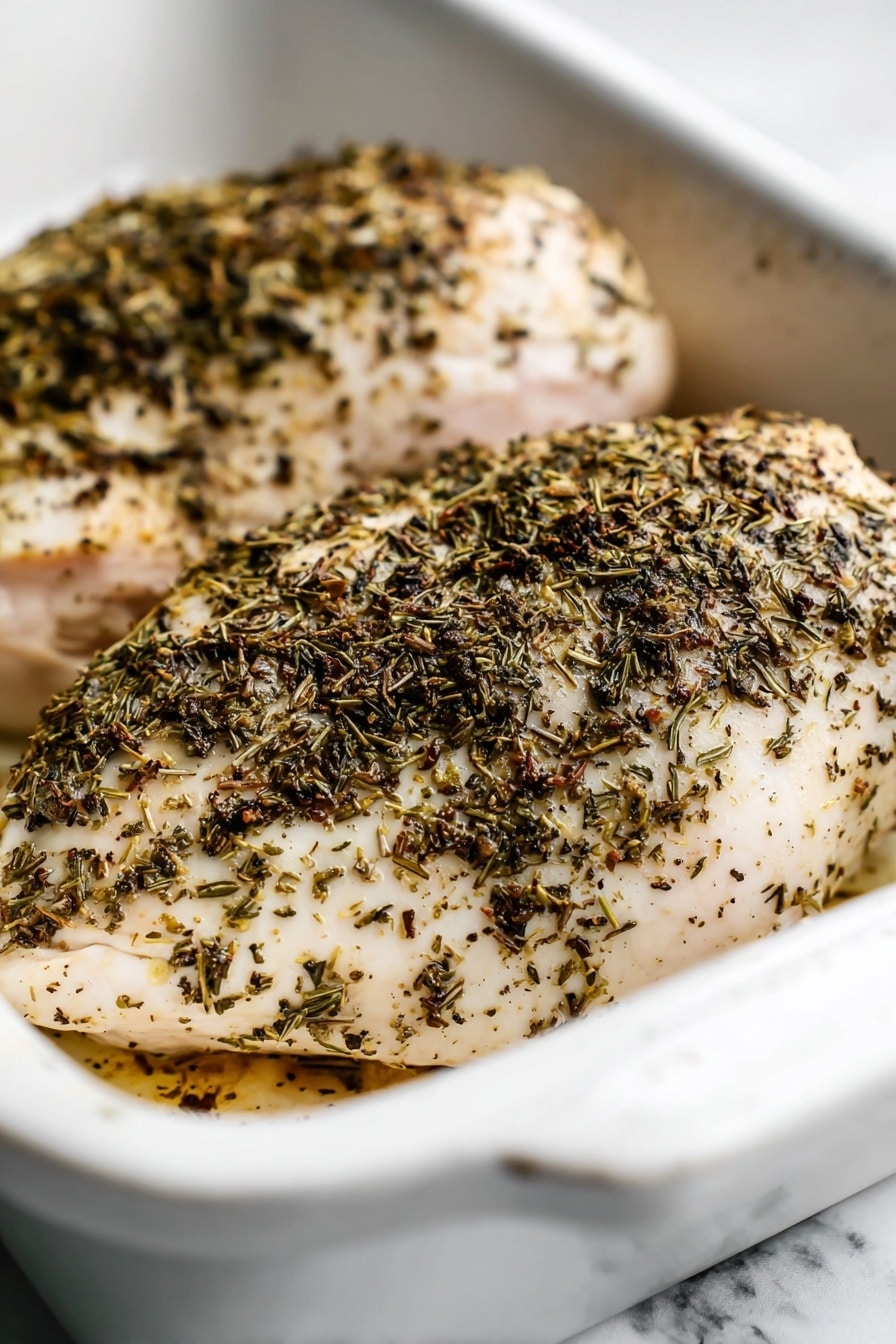 The image shows two cooked chicken pieces in a white baking dish sitting on a white marbled surface. Each chicken piece is covered with a mix of dark green and brown dried herbs, giving a textured look on the creamy white and light pink meat layers. The chicken pieces are placed close to each other, with the front piece showing more herb coverage and texture, while the back piece is slightly blurred to show depth. The edges of the dish and the surface around it are clean and simple. photo taken with an iphone --ar 2:3 --v 7 - Herb Baked Chicken Breast, baked chicken breast, herb chicken recipe, healthy baked chicken, juicy chicken dinner