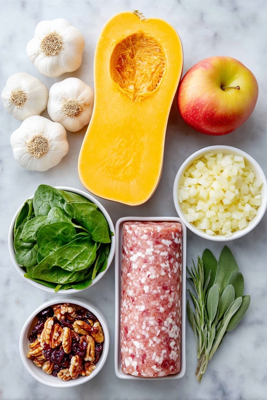 Flat lay of a halved butternut squash with vibrant orange flesh, a small white ceramic bowl of golden extra virgin olive oil, a cluster of three whole garlic bulbs with white papery skins, half a small yellow onion diced finely in a white bowl, a handful of fresh dark green baby spinach leaves neatly arranged, one whole russet apple with a smooth red and yellow skin next to diced apple pieces in a white bowl, a few sprigs of fresh green sage leaves, a few sprigs of fresh rosemary, a small white bowl filled with unsweetened dried cranberries, a small white bowl of roughly chopped pecans, and a portion of raw Italian sausage with pink and white marbling, all placed on a clean white marble surface, soft natural light, photo taken with an iPhone, professional food photography style, fresh ingredients, white ceramic bowls, no bottles, no duplicates, no utensils, no packaging --ar 2:3 --v 7 --p awthu7i m7354615311229779997 - Apple Sausage Stuffed Butternut Squash, fall stuffed squash recipe, hearty apple sausage bake, easy autumn squash dinner, baked stuffed butternut squash