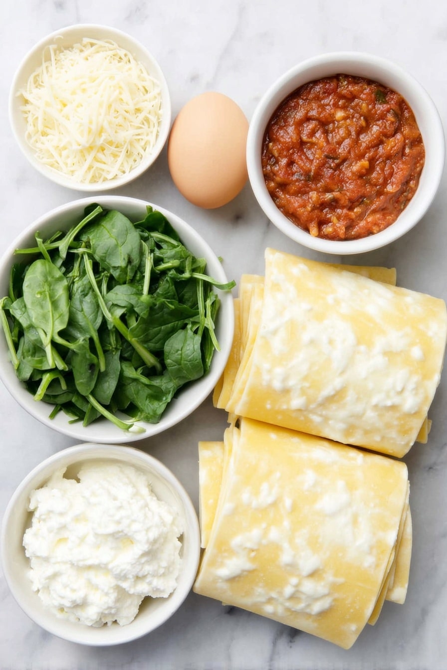 Flat lay of a few uncooked wheat lasagna noodles neatly stacked, a small heap of fresh bright green spinach leaves, a large whole brown egg with a clean shell, a small white ceramic bowl of thick homemade marinara sauce rich red with visible tomato chunks, a small white bowl filled with creamy white ricotta cheese, a small white bowl of finely grated pale yellow Parmesan cheese, a small white bowl of shredded white mozzarella cheese, all ingredients arranged symmetrically on a clean white marble surface, soft natural light, photo taken with an iPhone, professional food photography style, fresh ingredients, white ceramic bowls, no bottles, no duplicates, no utensils, no packaging --ar 2:3 --v 7 --p awthu7i m7354615311229779997 - Spinach Lasagna Roll Ups, healthy lasagna roll ups, easy spinach lasagna, cheesy spinach roll ups, dinner ideas with spinach