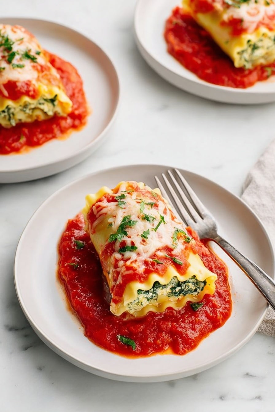The image shows three white plates on a white marbled surface, each with one piece of rolled lasagna. Each lasagna roll has about three layers of pale yellow pasta with visible green spinach inside. They are topped with melted white cheese and sprinkled with small green herb pieces. The lasagna rolls sit on a bright red tomato sauce that spreads under and around them on the plates. One plate in the front has a silver fork on its right side, partly resting on the plate. The photo is lit brightly, showing clear details and fresh colors. photo taken with an iphone --ar 2:3 --v 7 - Spinach Lasagna Roll Ups, healthy lasagna roll ups, easy spinach lasagna, cheesy spinach roll ups, dinner ideas with spinach