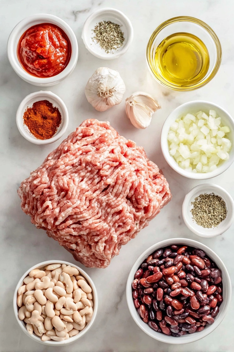 Flat lay of fresh ground turkey shaped into a neat mound, a small white ceramic bowl filled with bright red tomato paste, a small white ceramic bowl holding golden olive oil, a small white ceramic bowl with finely chopped yellow onions, four whole uncracked garlic bulbs, a small white ceramic bowl with deep brown packed brown sugar, a small white ceramic bowl containing rich red chili powder, a small white ceramic bowl with warm tan ground cumin, a small white ceramic bowl of dried oregano leaves, a small white ceramic bowl with coarse white salt, a small white ceramic bowl holding fine black pepper, a small white ceramic bowl with fire roasted crushed tomatoes showing seeds and charred pieces, three small white ceramic bowls each with kidney beans, black beans, and pinto beans all shiny and fresh looking, placed on a clean white marble surface, soft natural light, photo taken with an iPhone, professional food photography style, fresh ingredients, white ceramic bowls, no bottles, no duplicates, no utensils, no packaging --ar 2:3 --v 7 --p awthu7i m7354615311229779997 - Healthy Ground Turkey Chili, ground turkey chili, healthy chili recipe, easy turkey chili, nutritious comfort food