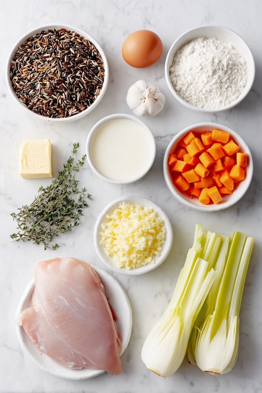 Flat lay of a small mound of uncooked wild rice blend with black, brown, and white grains, a small pile of diced bright orange carrots, a cluster of three fresh celery ribs sliced, a small heap of chopped pale yellow onion, a whole uncracked brown egg, a few sprigs of fresh green thyme and rosemary, a pat of golden butter cut into small cubes, a small white bowl filled with white all-purpose flour, a small white bowl of smooth heavy cream, a small white bowl of creamy milk, a small white bowl containing minced fresh garlic, a raw boneless skinless chicken breast half with fresh pink skin, and a small pile of finely grated lemon zest, all arranged in perfect symmetry and balanced proportions on a simple white ceramic plate and bowls, placed on a clean white marble surface, soft natural light, photo taken with an iPhone, professional food photography style, fresh ingredients, white ceramic bowls, no bottles, no duplicates, no utensils, no packaging --ar 2:3 --v 7 --p awthu7i m7354615311229779997 - Creamy Chicken and Wild Rice Soup, hearty chicken soup with wild rice, comforting creamy chicken and wild rice, easy chicken and wild rice soup, nourishing chicken wild rice soup