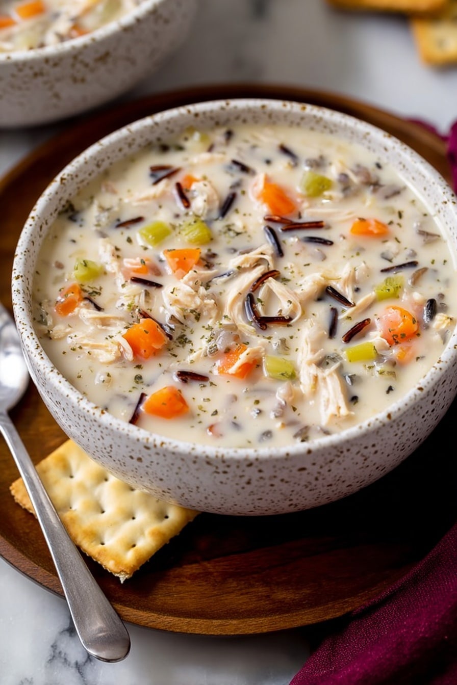 A close-up of a white speckled bowl filled with creamy soup that has a white base layer mixed with small shredded pieces of light-colored meat, dark wild rice grains, bright orange carrot chunks, and light green celery pieces spread evenly throughout. The bowl is sitting on a round wooden plate, accompanied by a silver spoon on the left side and a light beige square cracker in front. The scene is set against a white marbled background with a folded dark red cloth to the right. Photo taken with an iphone --ar 2:3 --v 7 - Creamy Chicken and Wild Rice Soup, hearty chicken soup with wild rice, comforting creamy chicken and wild rice, easy chicken and wild rice soup, nourishing chicken wild rice soup