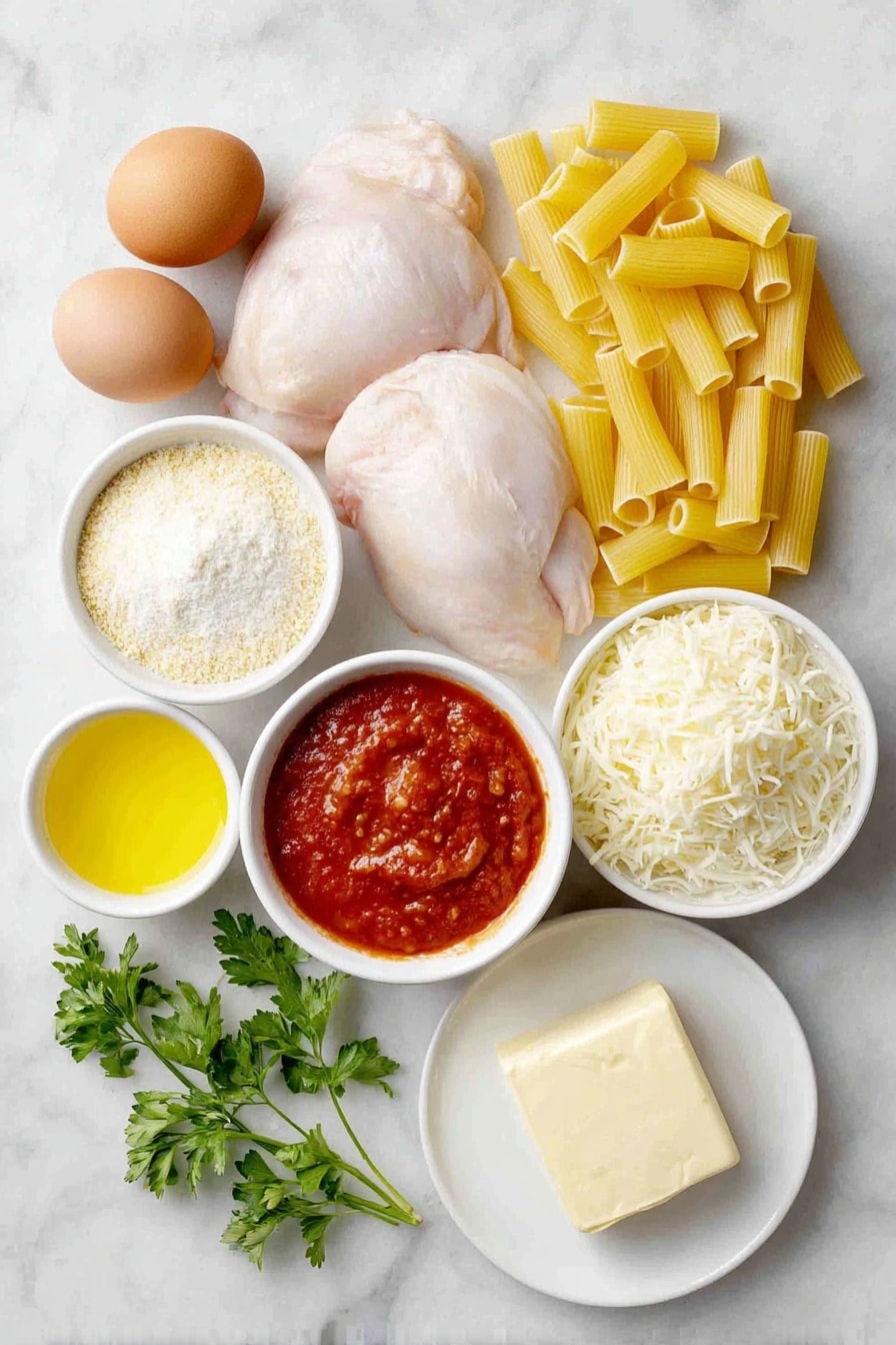 Flat lay of rigatoni pasta piled neatly, two small boneless skinless chicken breasts raw and fresh, a small mound of Italian breadcrumbs, a small heap of all-purpose flour, two whole uncracked brown eggs, three cups shredded mozzarella cheese in a small white ceramic bowl, a small white bowl with grated Parmesan cheese, a small white bowl with bright red marinara sauce, a small white bowl filled with golden vegetable oil, two tablespoons of pale yellow butter on a white ceramic plate, and a few sprigs of fresh green parsley arranged delicately, placed on a clean white marble surface, soft natural light, photo taken with an iPhone, professional food photography style, fresh ingredients, white ceramic bowls, no bottles, no duplicates, no utensils, no packaging --ar 2:3 --v 7 --p awthu7i m7354615311229779997 - Easy Chicken Parmesan Casserole, Chicken Parmesan casserole, cheesy chicken casserole, baked chicken Parmesan, family-friendly chicken dinner