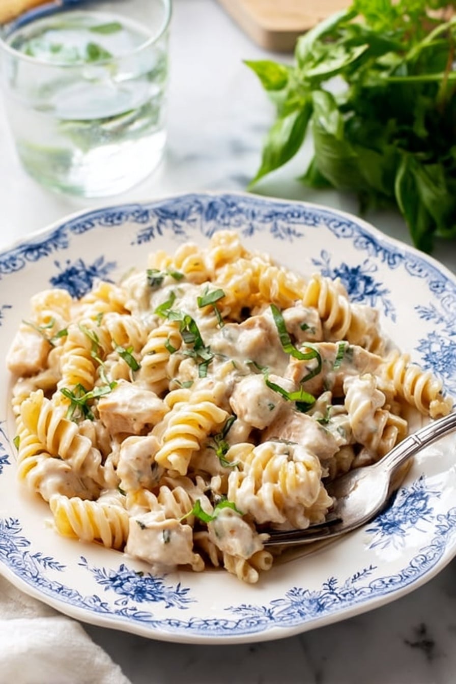 A white plate with blue floral patterns holds creamy rotini pasta mixed with chunks of light beige chicken, all coated in a smooth, white sauce. Small pieces of green herbs are scattered on top, adding contrast to the dish. A silver fork rests on the right side of the plate with some pasta wrapped around its tines. The plate sits on a white marbled surface with a clear glass of water and green leafy herbs in the background. photo taken with an iphone --ar 2:3 --v 7 - Easy Chicken Alfredo Casserole, creamy chicken pasta bake, cheesy chicken casserole, easy weeknight dinner recipes, one-dish chicken casserole