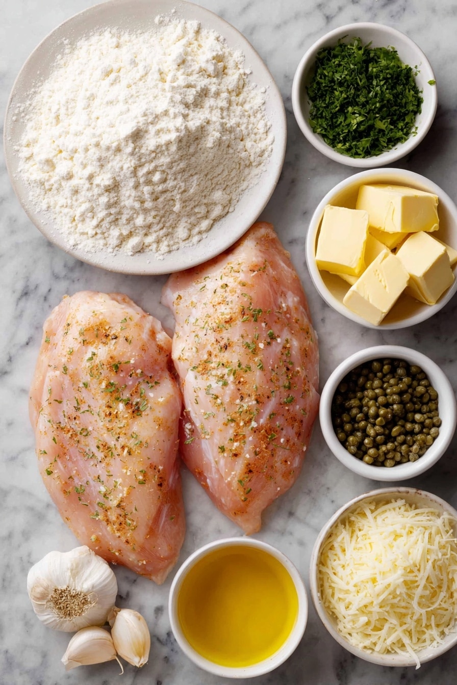 Flat lay of two large boneless skinless chicken breasts, a small mound of white flour on a simple white ceramic plate, a small white bowl of finely grated Parmesan cheese, a few cloves of whole garlic next to thin garlic slices arranged neatly, a small white bowl with bright green roughly chopped fresh parsley, a small white bowl filled with yellow olive oil, a small white bowl with golden salted butter cubes, a small white bowl of pale yellow lemon juice, a small white bowl with light golden dry white wine, a small white bowl holding green capers, a small white bowl of light brown chicken broth, a small pile each of coarse salt and ground black pepper on the white surface, all ingredients arranged with perfect symmetry on a clean white marble surface, soft natural light, photo taken with an iPhone, professional food photography style, fresh ingredients, white ceramic bowls, no bottles, no duplicates, no utensils, no packaging --ar 2:3 --v 7 --p awthu7i m7354615311229779997 - Easy Chicken Piccata in Lemon White Wine Sauce, chicken piccata recipe, lemon white wine chicken, approachable chicken dinner, quick elegant chicken dish