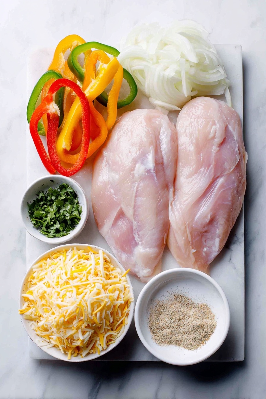 Flat lay of two boneless skinless chicken breasts, a small pile of vibrant sliced sweet bell peppers in red, green, orange, and yellow, a medium sliced sweet yellow onion, a small mound of shredded sharp cheddar cheese, a small bunch of fresh chopped cilantro in a white ceramic bowl, and a small white ceramic bowl containing fajita seasoning powder, all arranged in perfect symmetry on a clean white marble surface, soft natural light, photo taken with an iPhone, professional food photography style, fresh ingredients, white ceramic bowls, no bottles, no duplicates, no utensils, no packaging --ar 2:3 --v 7 --p m7354615311229779997 - Baked Chicken Fajitas, Easy Chicken Fajitas, Tex-Mex Chicken Bake, Healthy Chicken Fajitas, One-Pan Chicken Fajitas