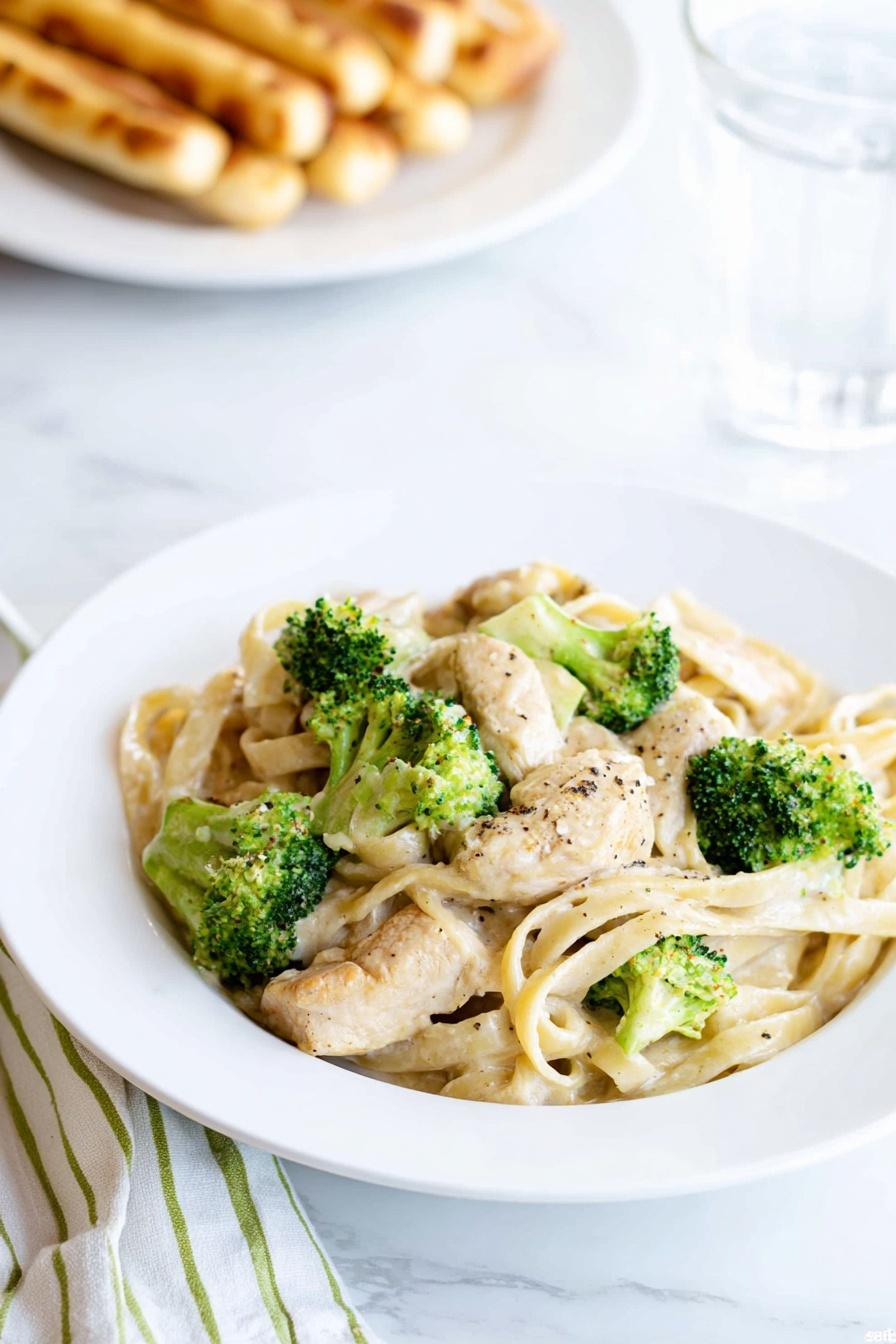 A white plate holds a serving of creamy fettuccine pasta mixed with light beige chicken pieces and bright green broccoli florets, all coated in a smooth, pale sauce with a few black pepper specks on top. In the background, out of focus, there is a white plate with golden brown breadsticks and a glass of water next to it. The scene is set on a white marbled surface with a folded white and green striped cloth visible beside the plate. photo taken with an iphone --ar 2:3 --v 7 - Creamy Chicken Broccoli Fettuccine, easy creamy pasta, quick chicken and broccoli pasta, comforting weeknight dinner, homemade Alfredo pasta