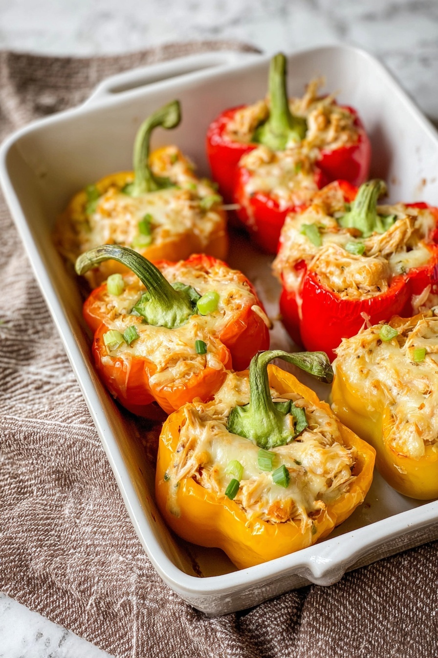 A white baking dish holds six stuffed bell pepper halves arranged in two rows. The peppers are red, yellow, and orange, each cut in half and filled with creamy shredded chicken mixed with green onion pieces. On top of the chicken filling is a layer of melted light golden cheese that looks slightly browned. The peppers have bright green stems still attached. The dish sits on a brown and white striped cloth over a white marbled surface. photo taken with an iphone --ar 2:3 --v 7 - Creamy Chicken Stuffed Peppers, Stuffed Peppers with Chicken, Healthy Chicken Stuffed Peppers, Easy Stuffed Pepper Recipes, Cheesy Chicken Bell Peppers