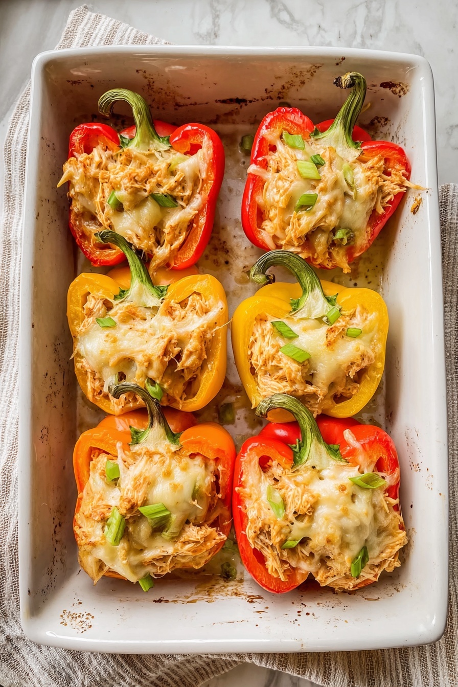 The image shows six stuffed bell pepper halves placed in a white rectangular baking dish on a white marbled surface. Each pepper is colorful, with two red, two orange, and two yellow peppers arranged in two rows of three. The peppers are filled with shredded cooked chicken mixed with small green bits, likely scallions or herbs, and topped with melted light yellow cheese. The chicken filling has a slightly browned, soft texture, and the peppers' green stems are intact, arching outwards. The baking dish has some baked-on brown spots around the edges, showing it has been used in the oven. The cloth underneath the dish is light-colored with beige stripes. photo taken with an iphone --ar 2:3 --v 7 - Creamy Chicken Stuffed Peppers, Stuffed Peppers with Chicken, Healthy Chicken Stuffed Peppers, Easy Stuffed Pepper Recipes, Cheesy Chicken Bell Peppers