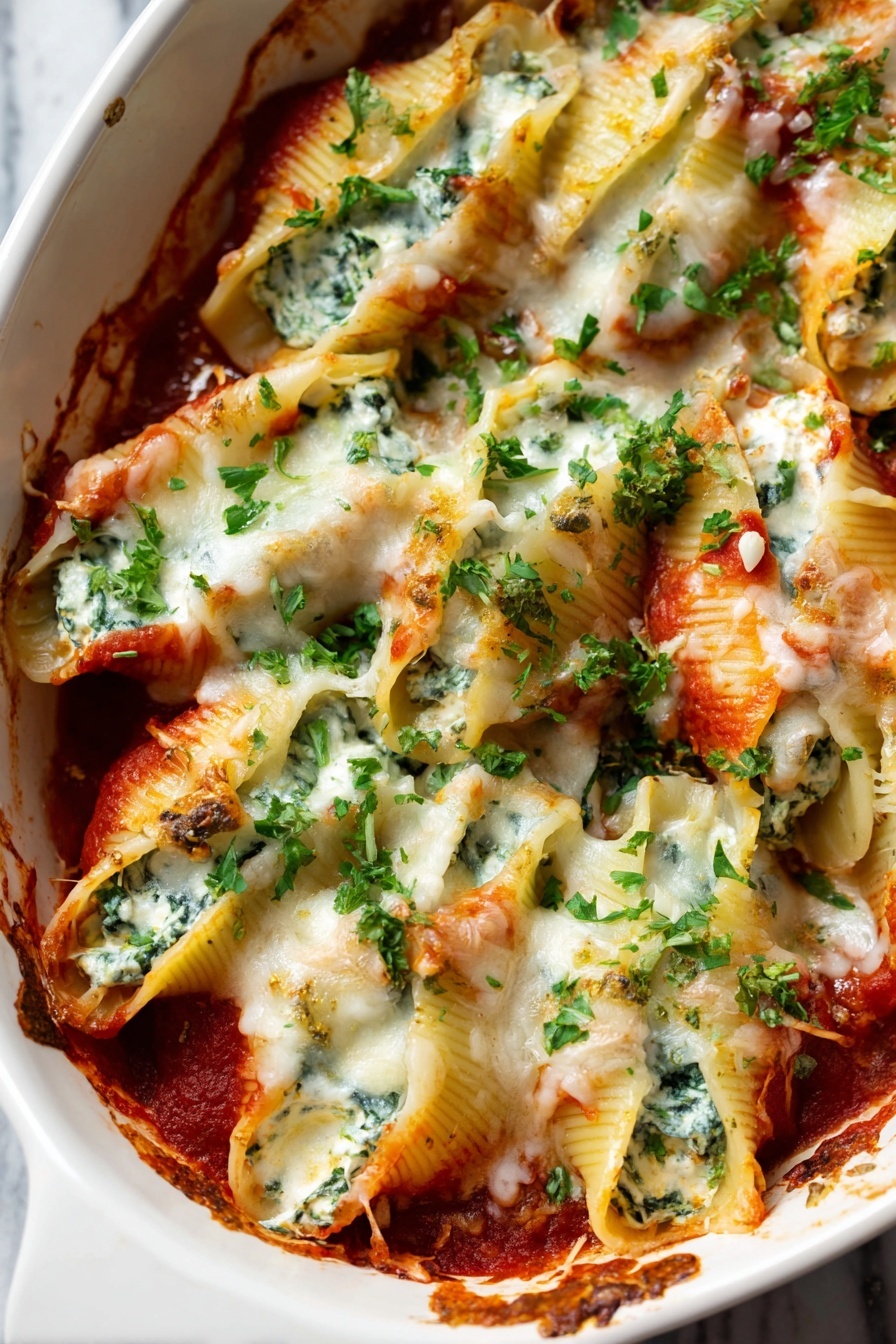 A white dish filled with large pasta shells layered with creamy white cheese and green spinach inside each shell. The shells are topped with a red tomato sauce that peeks through in spots, covered by melted white cheese that has a slightly toasted texture. Bright green chopped parsley is scattered thickly over the whole dish, adding a fresh color contrast to the red sauce and white cheese. The edges of the dish have some browned cheese baked onto the side. The background shows a white marbled surface. photo taken with an iphone --ar 2:3 --v 7 - Chicken Spinach Artichoke Stuffed Shells, Stuffed Shells with Chicken and Spinach, Baked Chicken and Spinach Stuffed Shells, Healthy Chicken Pasta Bake, Easy Stuffed Shells Dinner