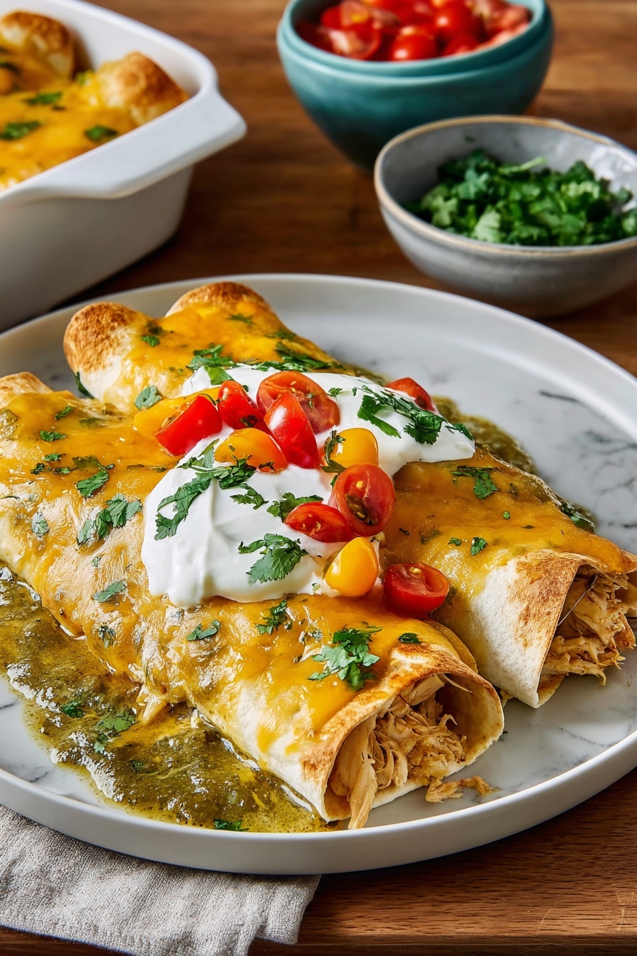 Two rolled tortillas filled with shredded chicken lay side by side on a white plate. They are covered in a melted golden-yellow cheese layer mixed with a green sauce that pools slightly around the edges. On top, there is a dollop of white sour cream, sprinkled with chopped bright red and yellow cherry tomatoes and fresh green cilantro. The plate sits on a wooden table with white marbled texture in the background, and behind it, there are bowls with chopped tomatoes and chopped cilantro. photo taken with an iphone --ar 2:3 --v 7 - Easy Chicken Enchiladas with Cheese, chicken enchiladas, cheesy enchilada recipe, simple chicken enchiladas, quick enchilada dinner