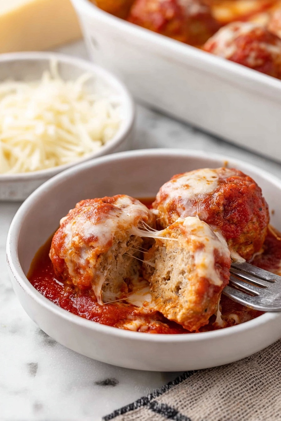 A white bowl holds three round meatballs covered in red tomato sauce, with melted cheese strings stretching from one meatball. One meatball is cut in half, showing a light brown inside texture. A silver fork pokes into the bowl from the right side. Near the bowl is a small white dish filled with a heap of shredded white cheese. In the background, there is a white baking dish slightly visible with more meatballs in tomato sauce. The surface underneath everything is a white marbled texture. Photo taken with an iphone --ar 2:3 --v 7 - Baked Chicken Parmesan Meatballs, chicken parmesan meatballs, baked chicken meatballs, cheesy tomato meatballs, healthy chicken meatballs