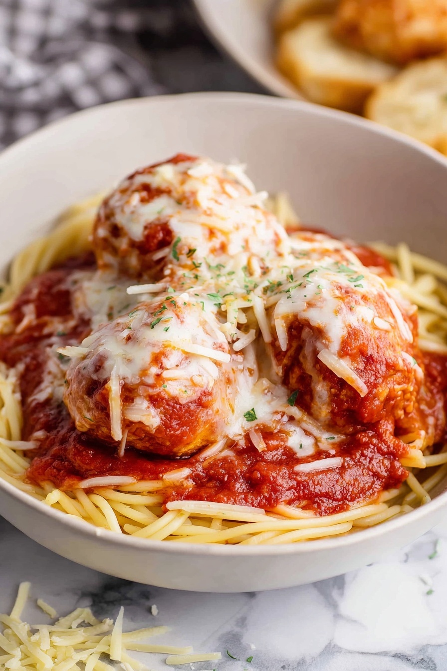 A white bowl holds a serving of spaghetti with three large meatballs on top. The bottom layer is a nest of light yellow spaghetti noodles. Above that is a thick layer of chunky red tomato sauce draped over the noodles. On top sit three round meatballs covered in melted, slightly browned white cheese. Thin strands of shredded cheese are sprinkled over the meatballs and sauce. The bowl is placed on a white marbled surface with some loose strands of cheese nearby. Photo taken with an iphone --ar 2:3 --v 7 - Baked Chicken Parmesan Meatballs, chicken parmesan meatballs, baked chicken meatballs, cheesy tomato meatballs, healthy chicken meatballs