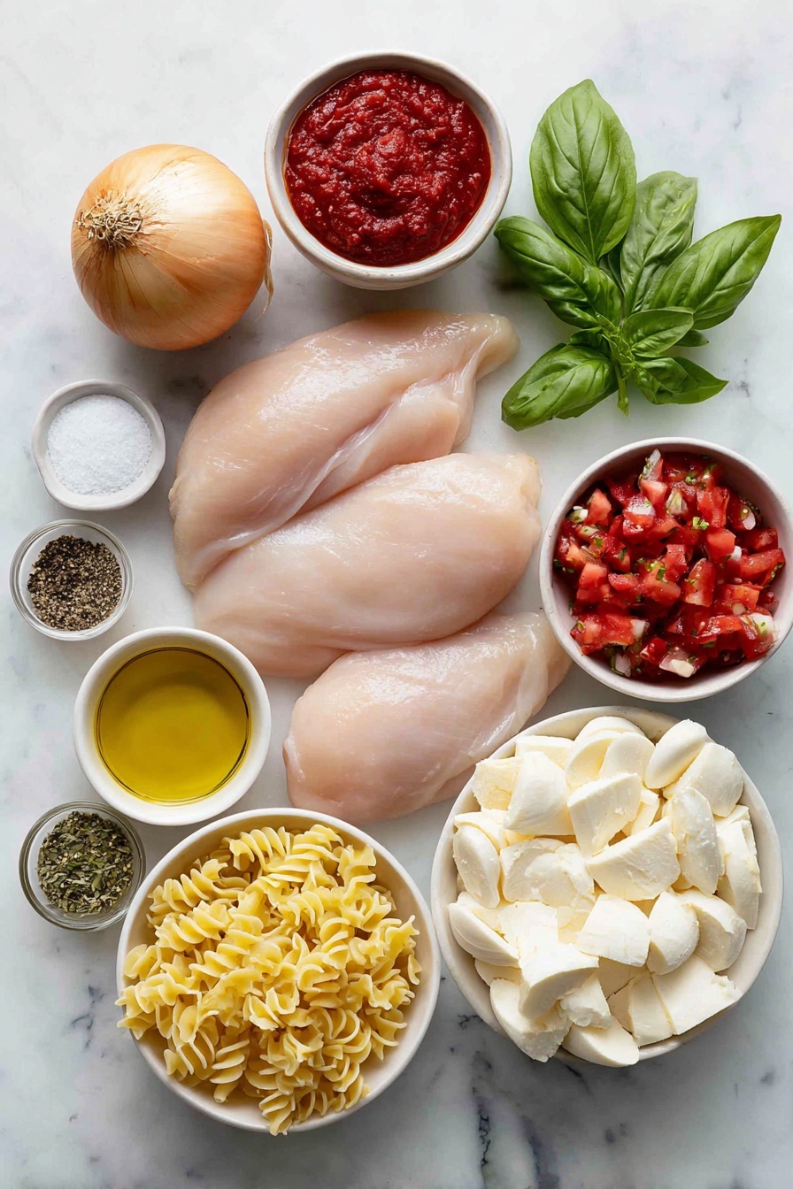 Flat lay of boneless skinless chicken breasts with natural texture and pale pink color, a sweet whole onion with unpeeled papery skin, three whole garlic cloves with white cloves and papery husks, a small white ceramic bowl filled with bright red tomato paste, a small white ceramic bowl of golden olive oil, a small white ceramic bowl of coarse salt crystals, a small white ceramic bowl of ground black pepper, a small white ceramic bowl of dried basil leaves, a small white ceramic bowl of fire roasted diced tomatoes showing tomato chunks with charred bits, uncooked farfalle pasta with characteristic bowtie shapes and smooth pale yellow surface, fresh whole basil leaves with vibrant green color, finely grated pale yellow parmesan cheese in a small white ceramic bowl, several evenly cut bread cubes with natural crust and soft crumb in a simple white ceramic bowl, several thin slices of fresh white mozzarella cheese stacked neatly, placed on a clean white marble surface, soft natural light, photo taken with an iPhone, professional food photography style, fresh ingredients, white ceramic bowls, no bottles, no duplicates, no utensils, no packaging --ar 2:3 --v 7 --p m7354615311229779997 - Chicken Parmesan Soup, Chicken Parmesan Soup with Mozzarella Croutons, comforting chicken soup recipes, cheesy chicken soup, easy Italian-inspired soups