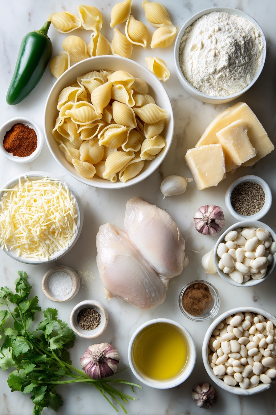 Flat lay of medium pasta shells, a small yellow onion whole, one green jalapeño pepper, four whole brown garlic cloves, a small pile of smoked paprika powder, a small heap of ground cumin powder, unsalted butter sticks, a small white bowl of all-purpose flour, a small white bowl of low-sodium chicken broth, a small white bowl of heavy cream, shredded Gouda cheese, shredded white cheddar cheese, two whole rotisserie chicken breasts, a small white bowl of great Northern beans, a small white bowl of frozen white corn, a small white bowl of kosher salt, a small heap of freshly ground black pepper, a few sprigs of fresh cilantro, a small white bowl of extra-virgin olive oil placed on a clean white marble surface, soft natural light, photo taken with an iPhone, professional food photography style, fresh ingredients, white ceramic bowls, no bottles, no duplicates, no utensils, no packaging --ar 2:3 --v 7 --p m7354615311229779997 - White Chicken Chili Mac Skillet, White Chicken Chili Skillet, Creamy Chicken Chili Pasta, One-Pot Chicken Chili Mac, Easy White Chili Skillet