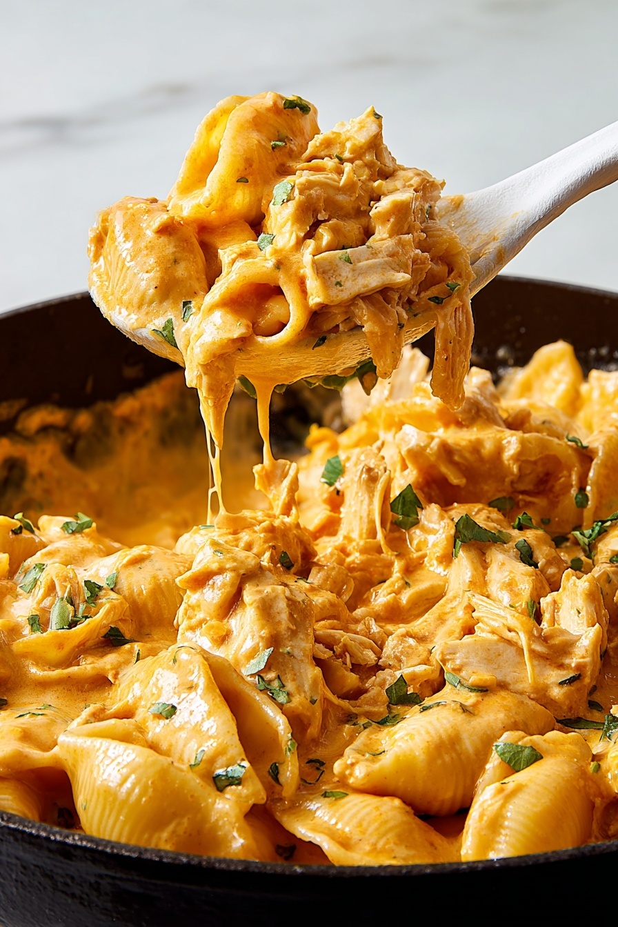 A close-up view of a black pan filled with creamy pasta shells covered in an orange cheese sauce. The dish shows layers of tender pasta shells mixed with shredded chicken, all coated thickly by the rich sauce. Small green herbs are scattered on top, adding spots of color. A white spoon lifts a portion of the creamy pasta and chicken from the pan, with the sauce dripping off the edge. The background is a white marbled texture. photo taken with an iphone --ar 2:3 --v 7 - White Chicken Chili Mac Skillet, White Chicken Chili Skillet, Creamy Chicken Chili Pasta, One-Pot Chicken Chili Mac, Easy White Chili Skillet