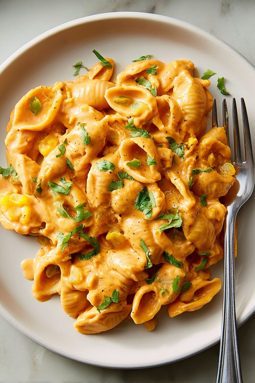 A white plate holds a creamy pasta dish with shell-shaped pasta coated in a rich, orange sauce. The sauce has a smooth texture with some small yellow chunks mixed in, likely vegetables. Fresh green herb pieces are sprinkled on top, adding contrast. A silver fork rests on the right side of the plate. The background is a white marbled surface. Photo taken with an iphone --ar 2:3 --v 7 - White Chicken Chili Mac Skillet, White Chicken Chili Skillet, Creamy Chicken Chili Pasta, One-Pot Chicken Chili Mac, Easy White Chili Skillet