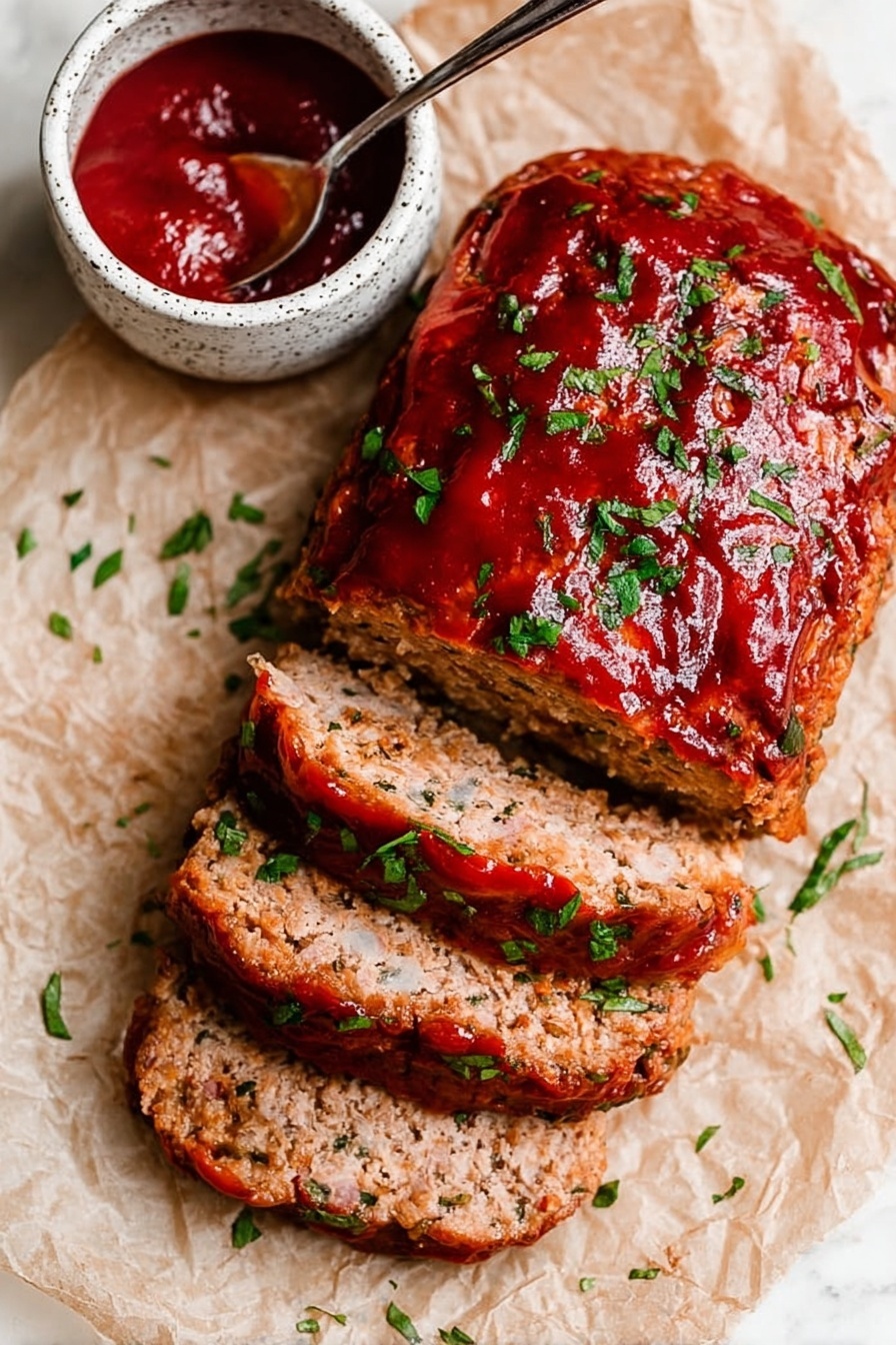 A sliced meatloaf rests on crumpled parchment paper over a white marbled surface. The top layer is thick and shiny with a rich red glaze, garnished with small green herb pieces scattered evenly. Inside, the meatloaf shows a light brown, slightly coarse texture with three visible layers from the slices. To the left, a wooden-handled knife lies partially on the parchment. In the background on the right, a white bowl with speckles holds bright red sauce with a spoon inside. Fresh green herb pieces are lightly scattered around the meatloaf and bowl, adding a fresh touch. Photo taken with an iphone --ar 2:3 --v 7 - Healthy Turkey Meatloaf, healthy turkey meatloaf recipe, low-fat turkey meatloaf, wholesome turkey meatloaf dinner, family-friendly turkey meatloaf