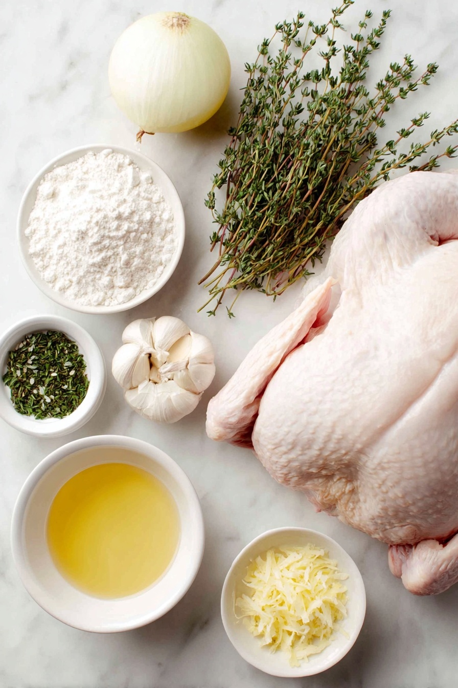 Flat lay of a whole fresh raw turkey with smooth pale skin, a medium lemon cut in half showing bright yellow juicy flesh, a medium onion quartered with crisp white layers, a cluster of peeled garlic cloves with a creamy white skin, several fresh green thyme sprigs vibrant and leafy, a small mound of all-purpose flour piled neatly on a simple white ceramic plate, a small white ceramic bowl filled with melted golden butter, another small white ceramic bowl holding fresh lemon juice pale yellow and translucent, a third small white ceramic bowl containing finely grated lemon zest bright and sunny yellow, a fourth small white ceramic bowl with minced fresh thyme leaves finely chopped, two teaspoons of coarse salt and two teaspoons of black peppercorns arranged side by side on the white ceramic surface, all ingredients arranged in perfect symmetry and realistic proportions, placed on a clean white marble surface, soft natural light, photo taken with an iPhone, professional food photography style, fresh ingredients, white ceramic bowls, no bottles, no duplicates, no utensils, no packaging --ar 2:3 --v 7 --p m7354615311229779997 - Lemon Herb Roasted Turkey, Lemon Herb Turkey, Herb Roasted Turkey, Juicy Lemon Turkey, Elegant Holiday Turkey